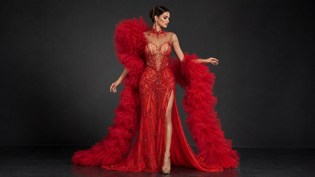 Red Couture Pageant Gown — hem and train detail view (source SKU-047) — reviewed generated product image