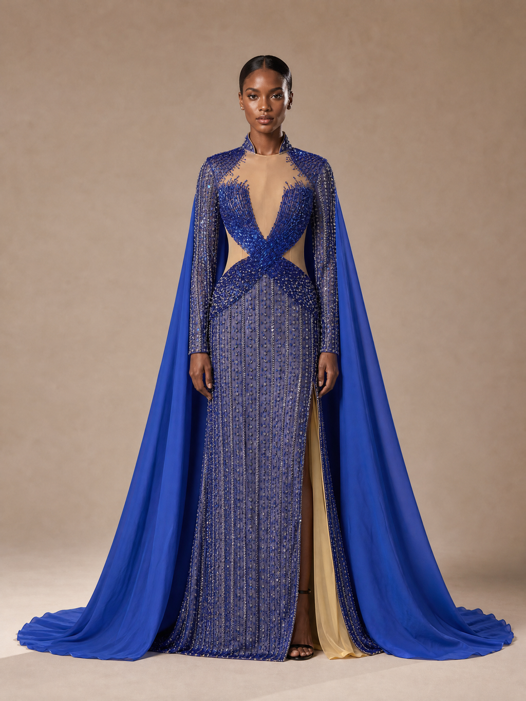Royal Blue Tulle Cape and Train Pageant Gown — front full-length hero view (source SKU-042) — reviewed generated product image