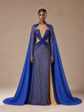 Royal Blue Tulle Cape and Train Pageant Gown — front full-length hero view (source SKU-042) — reviewed generated product image