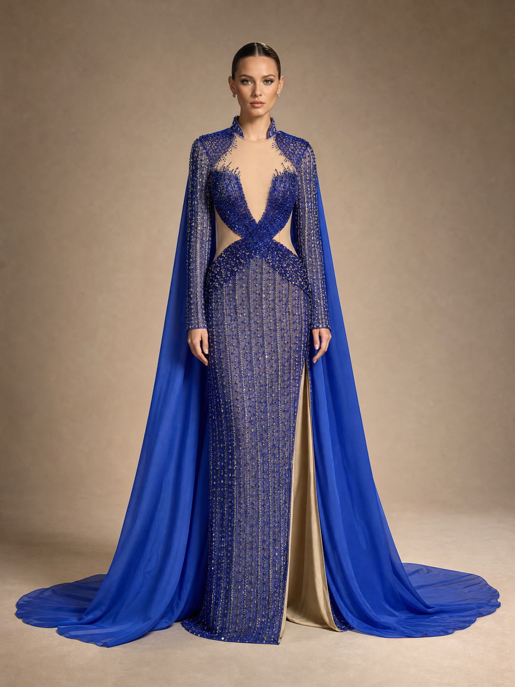 Royal Blue Tulle Cape and Train Pageant Gown — three-quarter view (source SKU-042) — reviewed generated product image