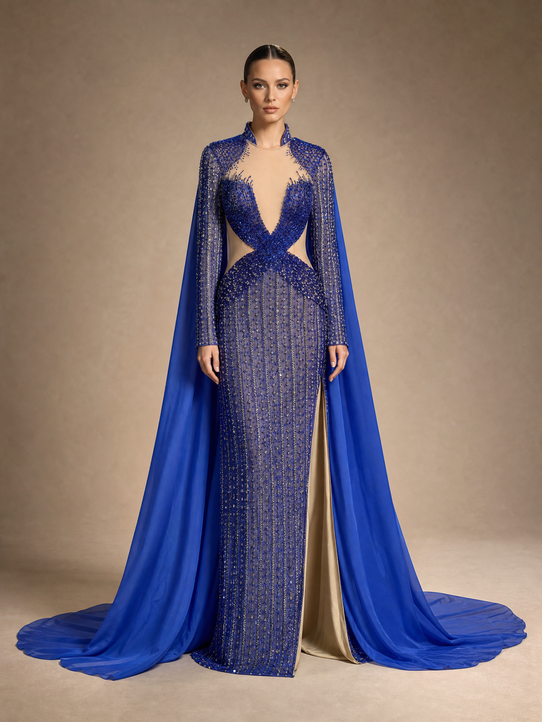 Royal Blue Tulle Cape and Train Pageant Gown — three-quarter view (source SKU-042) — reviewed generated product image