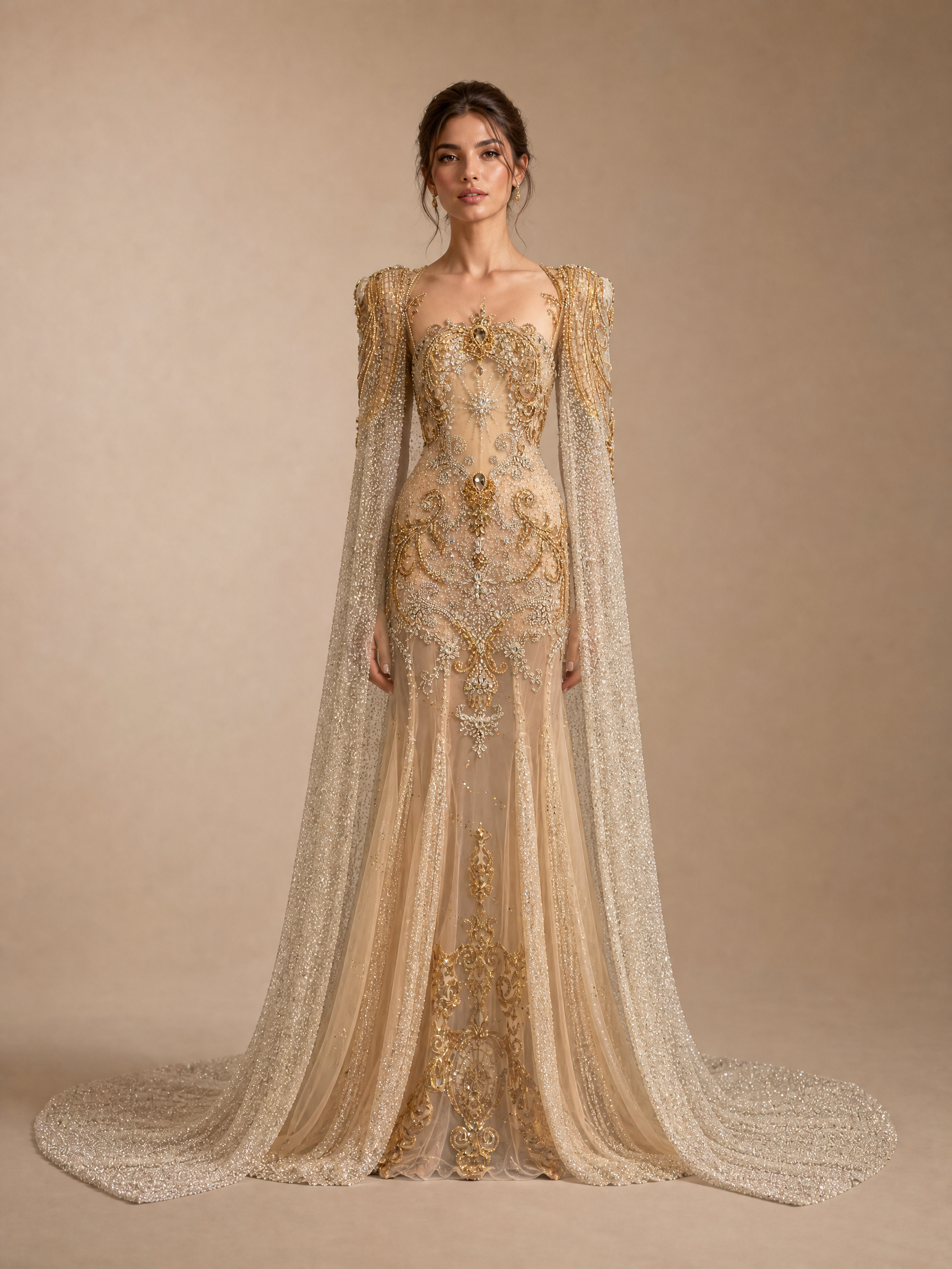 Champagne Gold Crystal Cape Column Gown — front full-length view (SKU-009) — reviewed generated product image