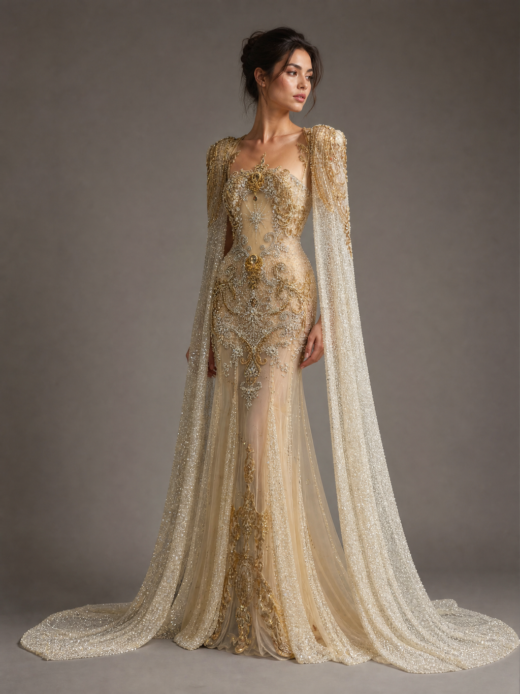 Champagne Gold Crystal Cape Column Gown — three-quarter view (SKU-009) — reviewed generated product image