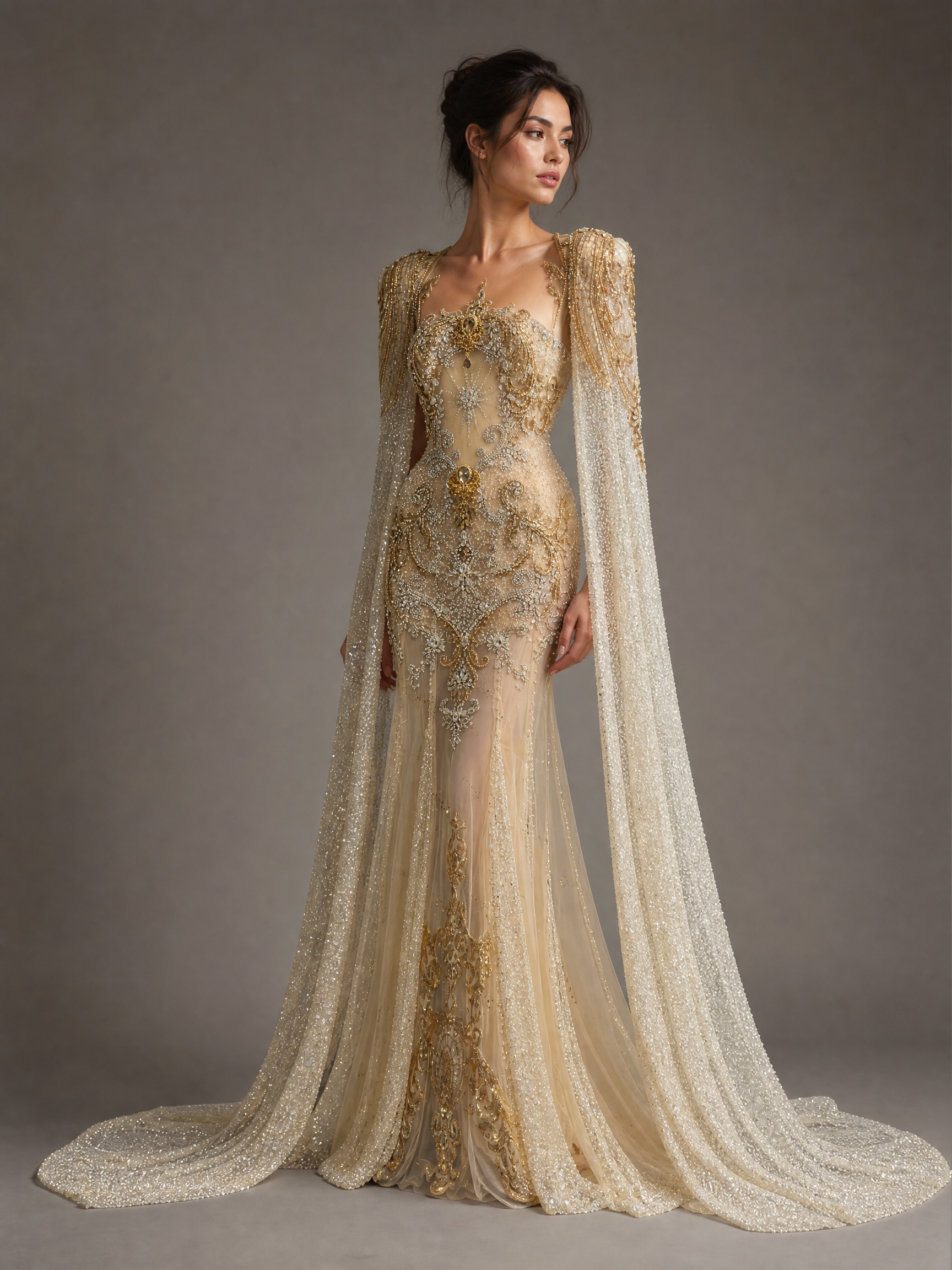 Champagne Gold Crystal Cape Column Gown — three-quarter view (SKU-009) — reviewed generated product image