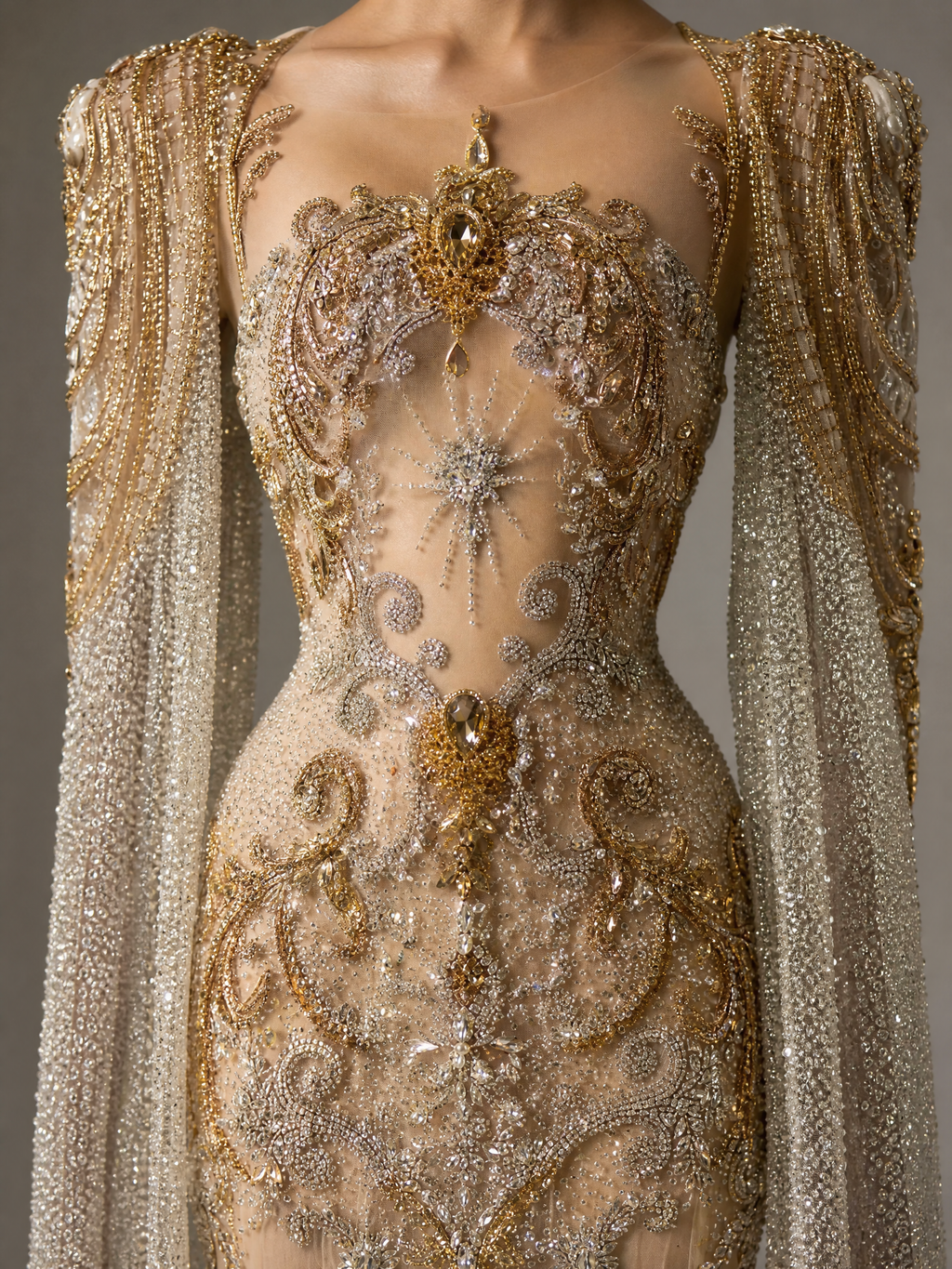 Champagne Gold Crystal Cape Column Gown — side or back view (SKU-009) — reviewed generated product image