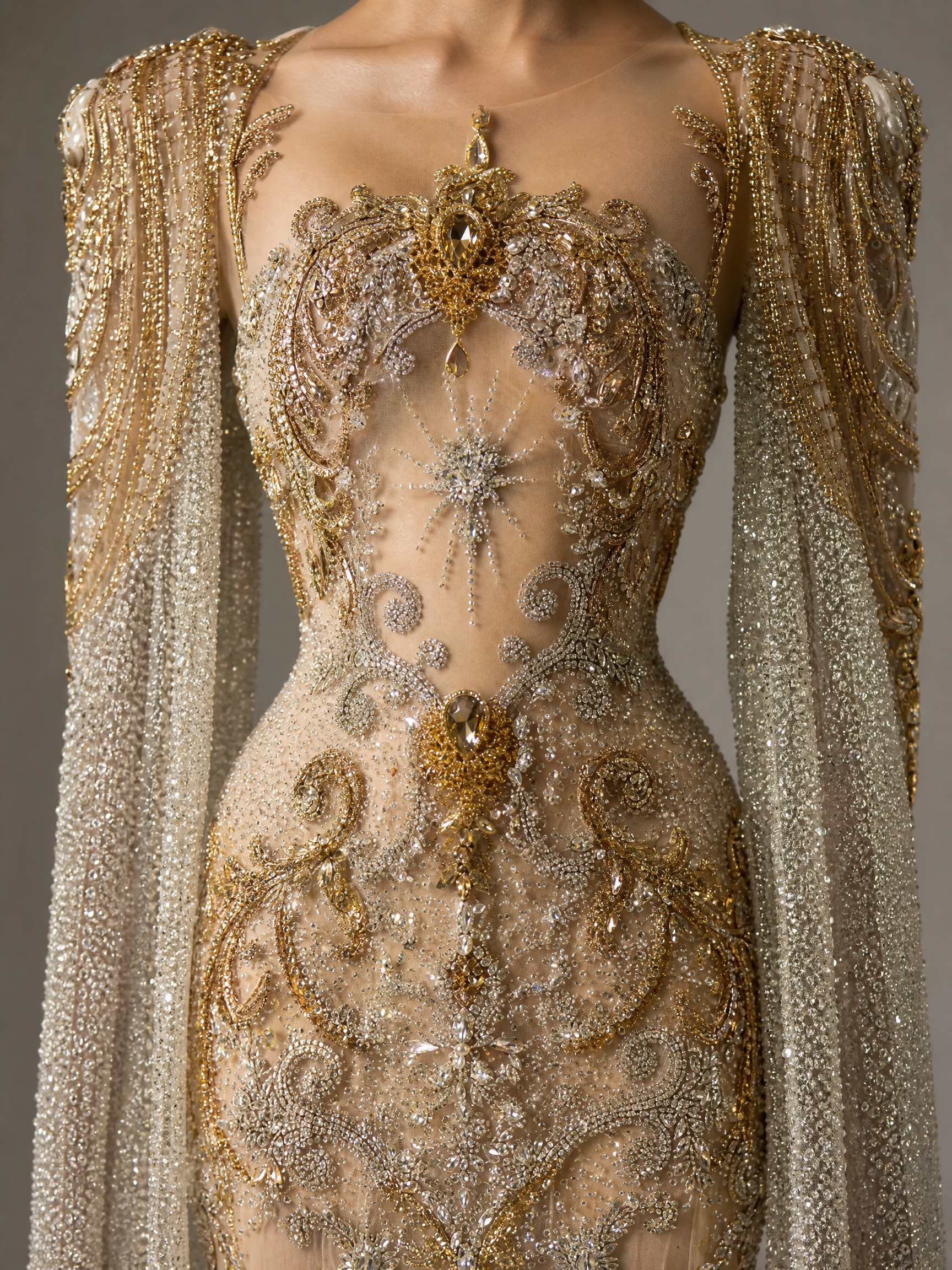 Champagne Gold Crystal Cape Column Gown — side or back view (SKU-009) — reviewed generated product image