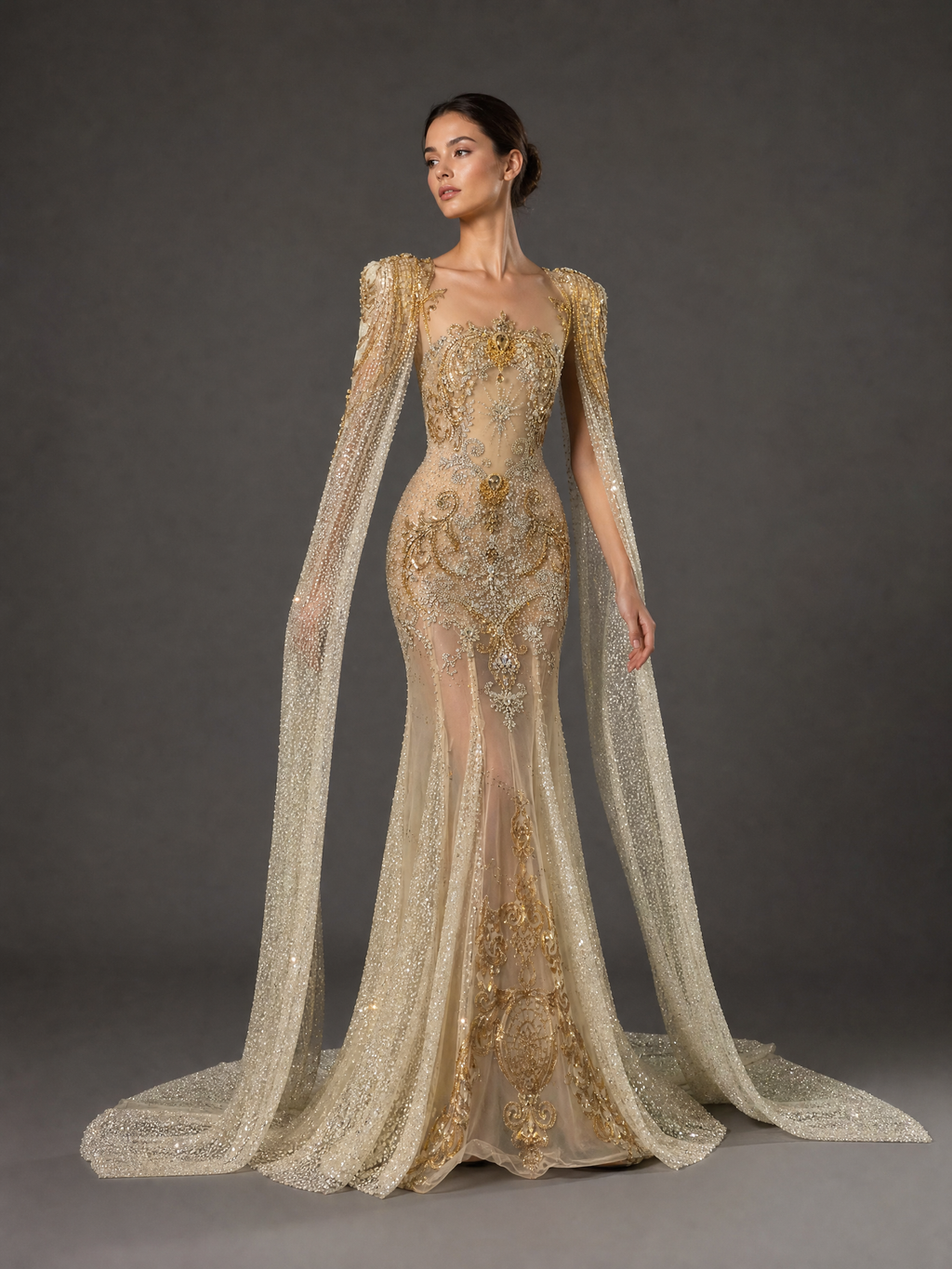 Champagne Gold Crystal Cape Column Gown — couture detail view (SKU-009) — reviewed generated product image