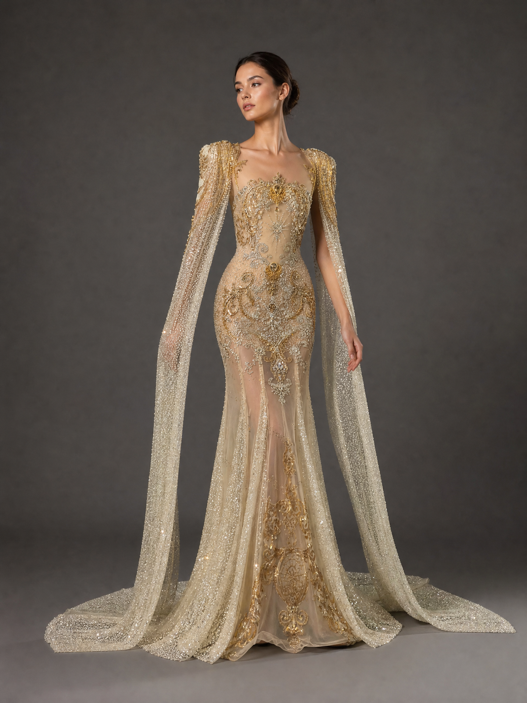 Champagne Gold Crystal Cape Column Gown — couture detail view (SKU-009) — reviewed generated product image