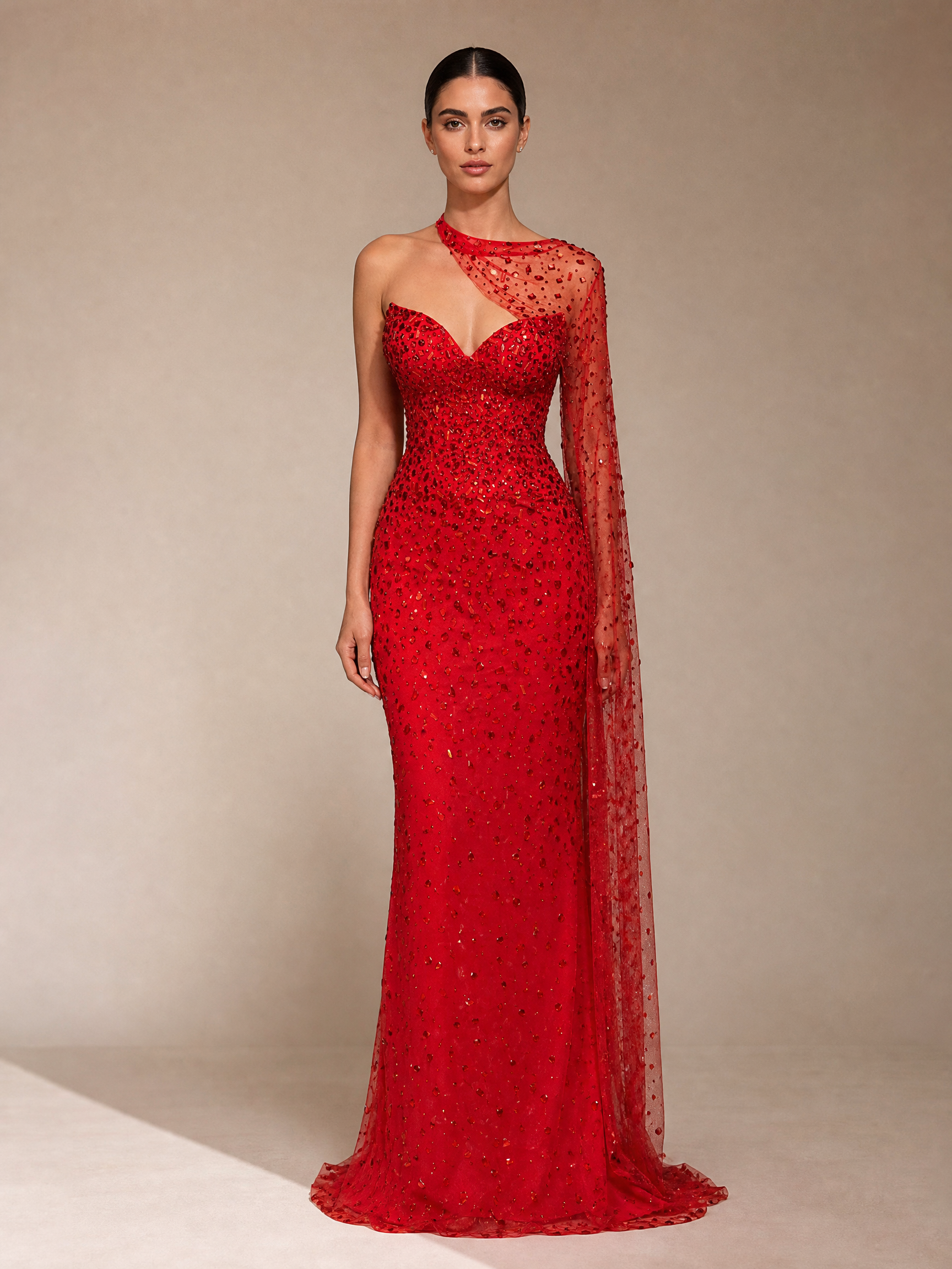 Red Crystal One-Shoulder Cape Evening Gown — front full-length view (SKU-016) — reviewed generated product image