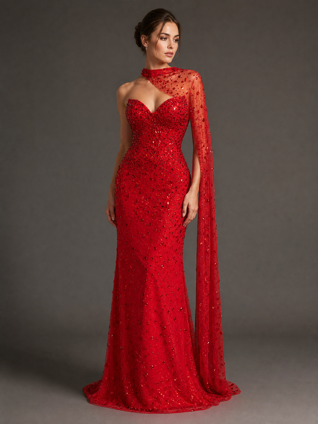 Red Crystal One-Shoulder Cape Evening Gown — three-quarter view (SKU-016) — reviewed generated product image
