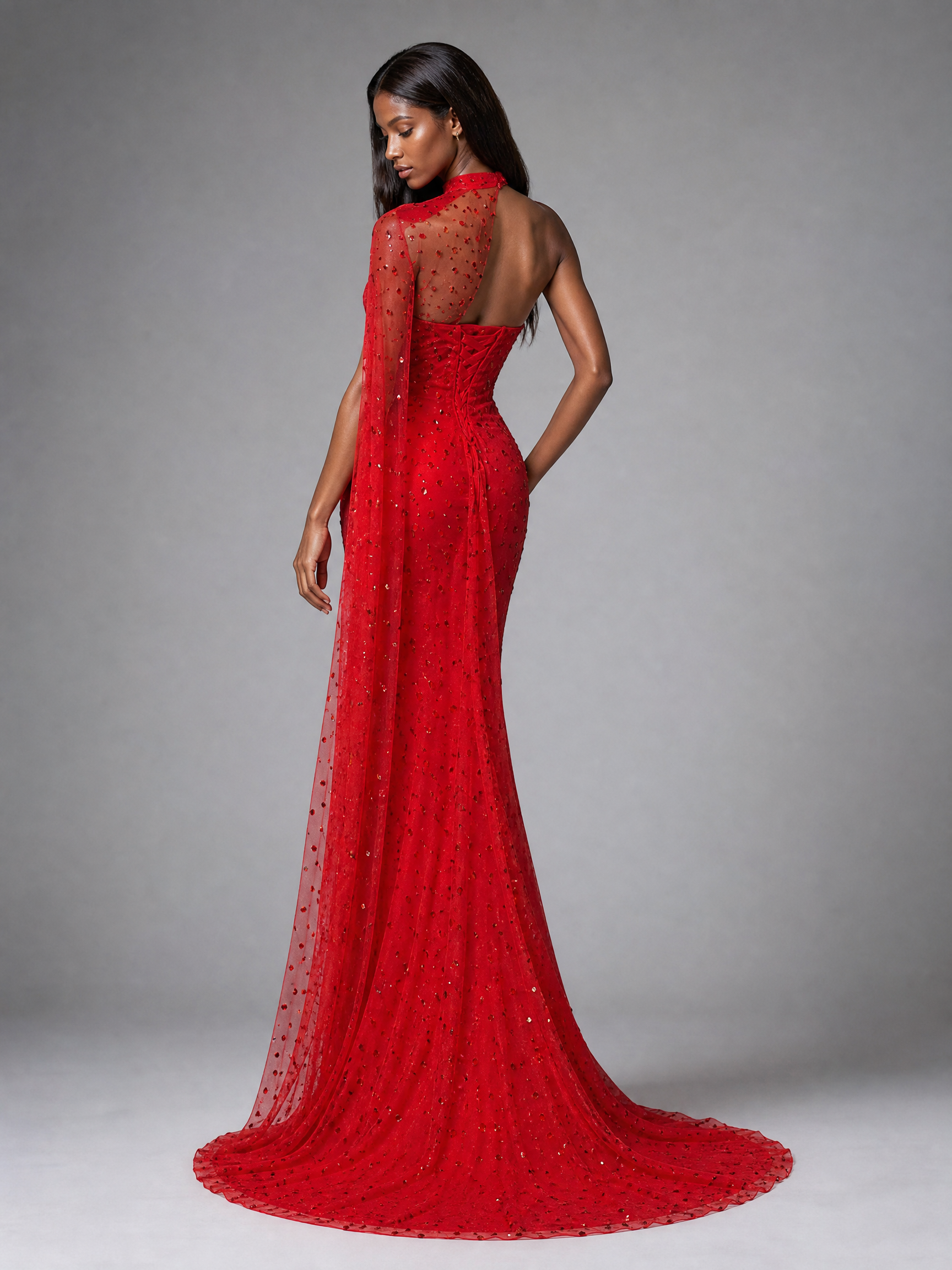 Red Crystal One-Shoulder Cape Evening Gown — side or back view (SKU-016) — reviewed generated product image