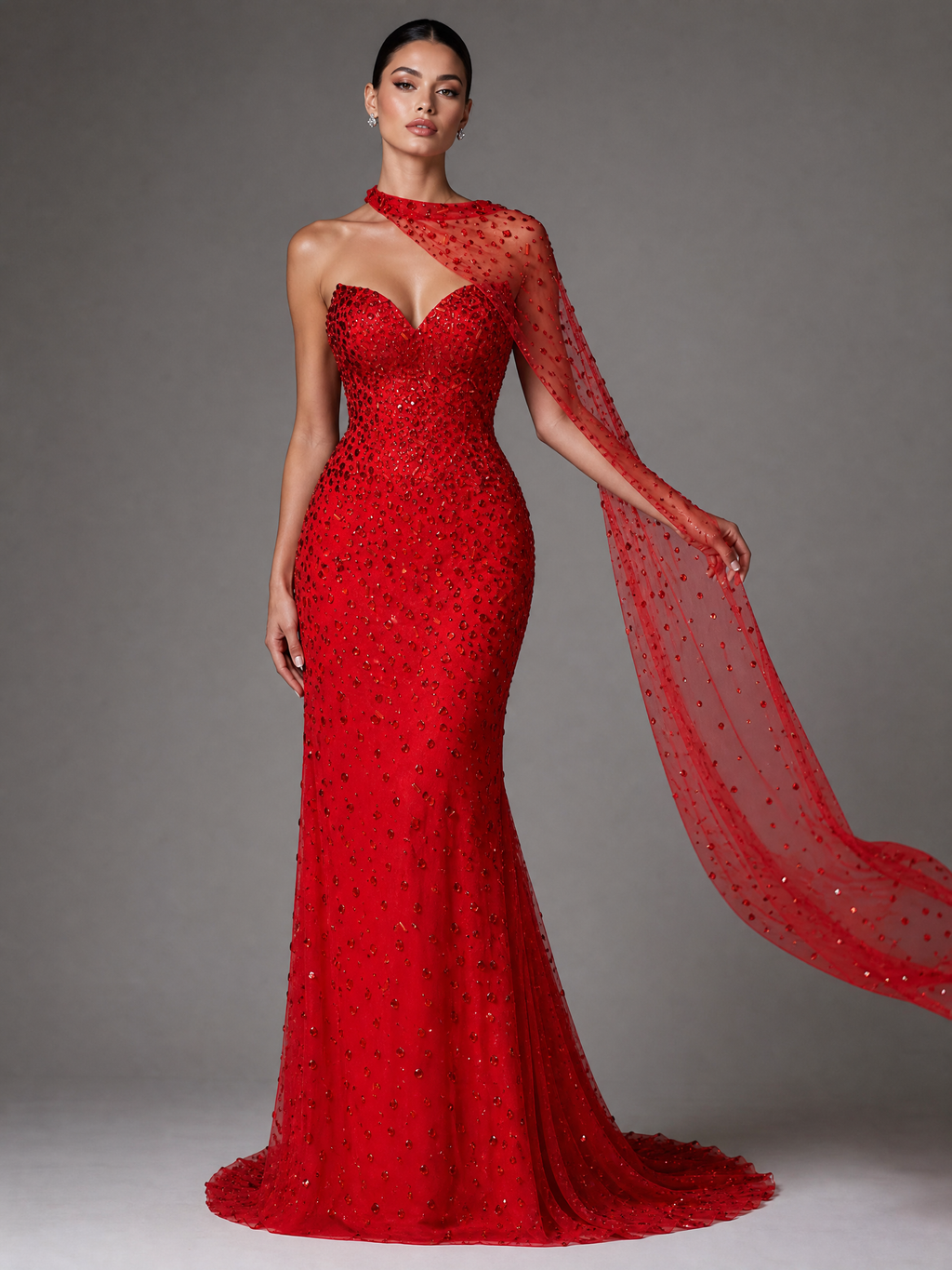 Red Crystal One-Shoulder Cape Evening Gown — couture detail view (SKU-016) — reviewed generated product image