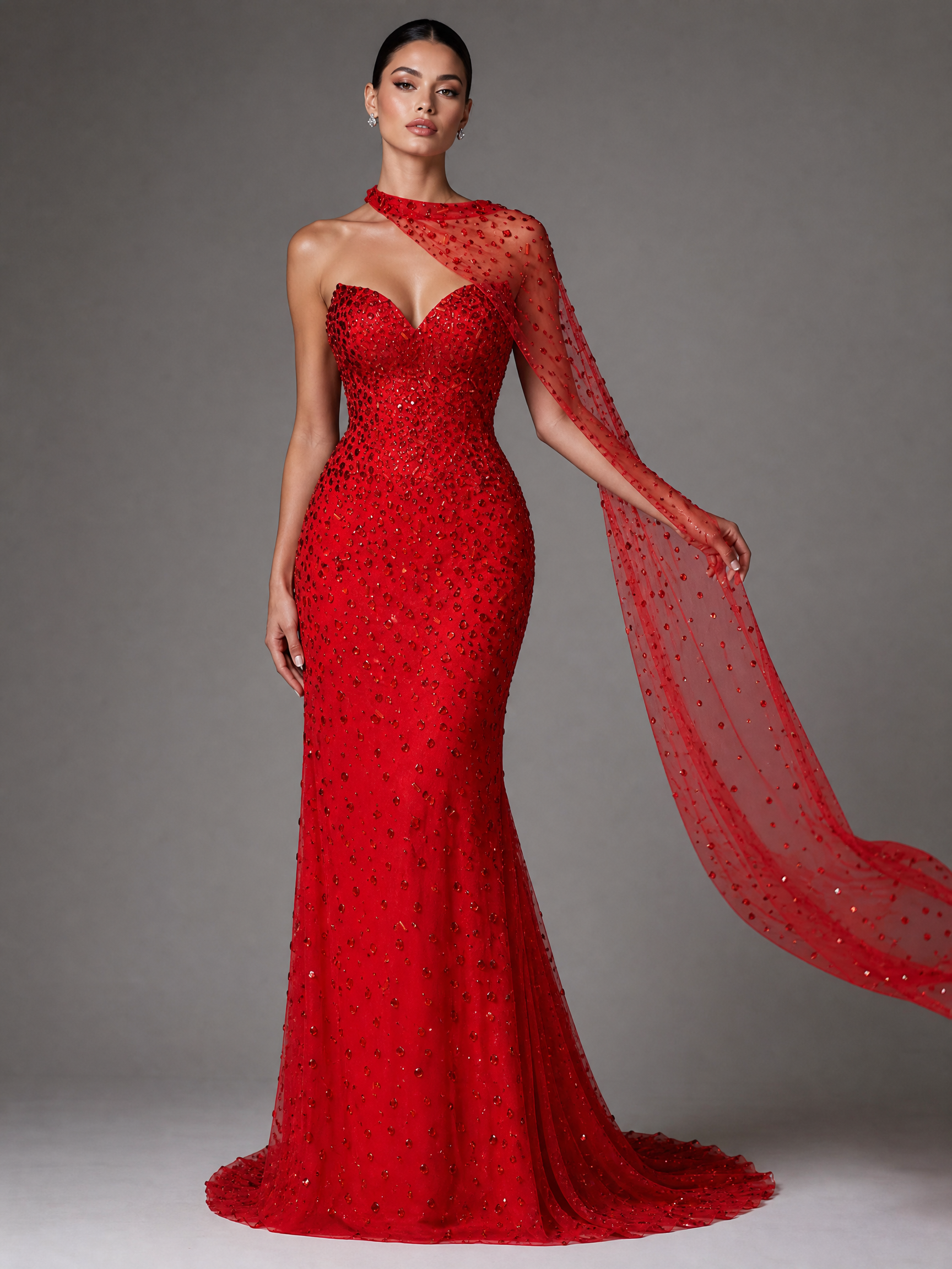 Red Crystal One-Shoulder Cape Evening Gown — couture detail view (SKU-016) — reviewed generated product image