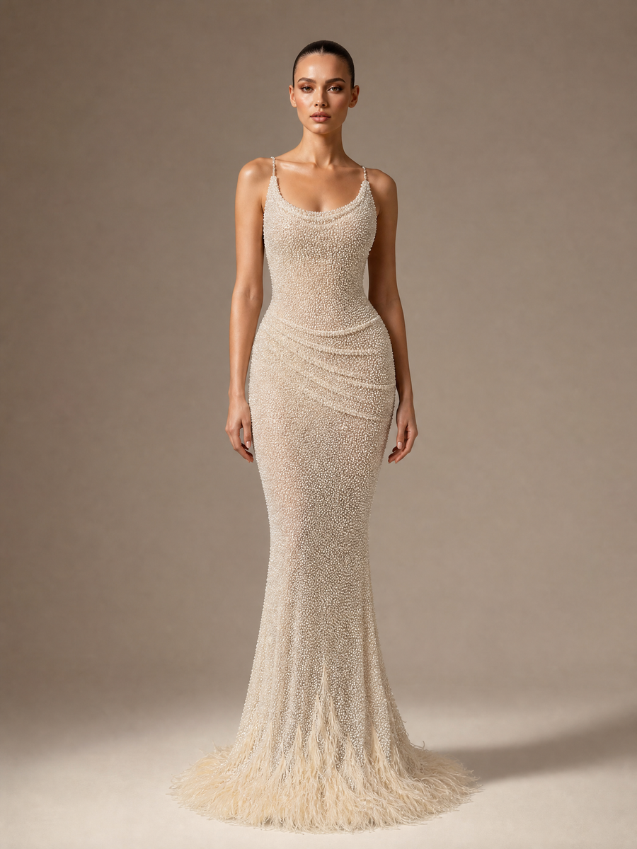 Ivory Embellished Feather-Trim Evening Gown