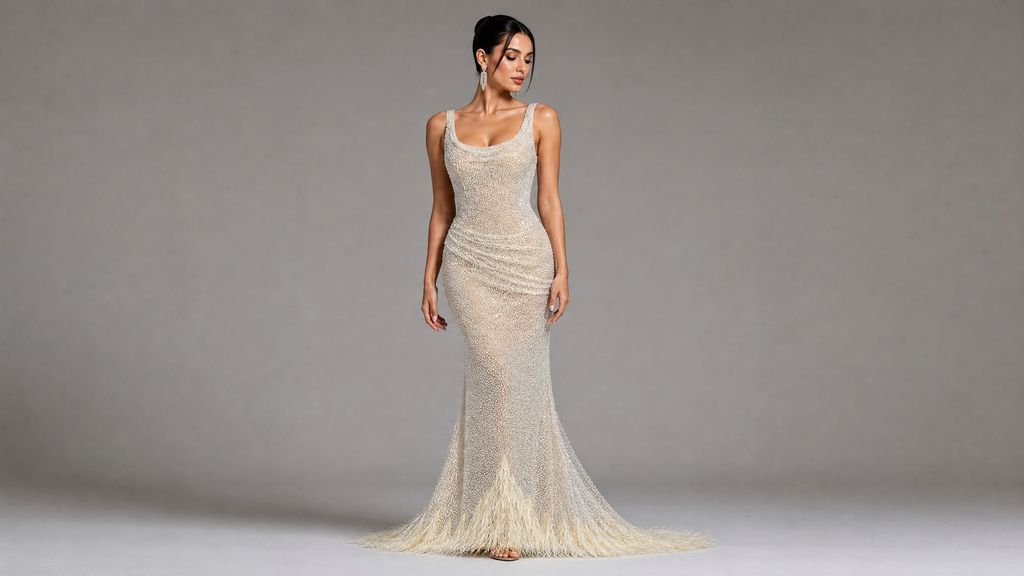 Signature Evening Gown — hem and train detail view (source SKU-115) — reviewed generated product image