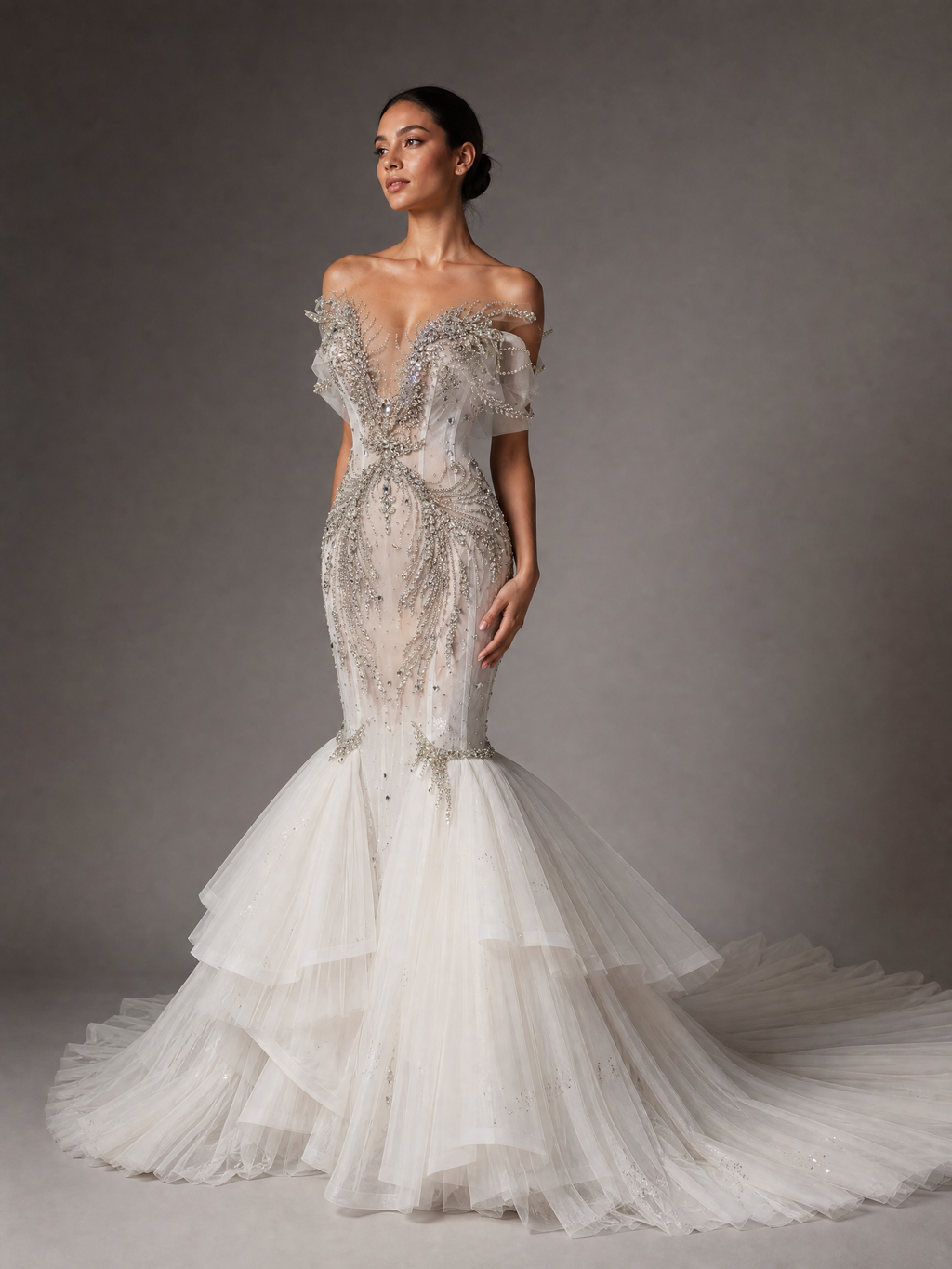 Signature Evening Gown — three-quarter view (source SKU-118) — reviewed generated product image