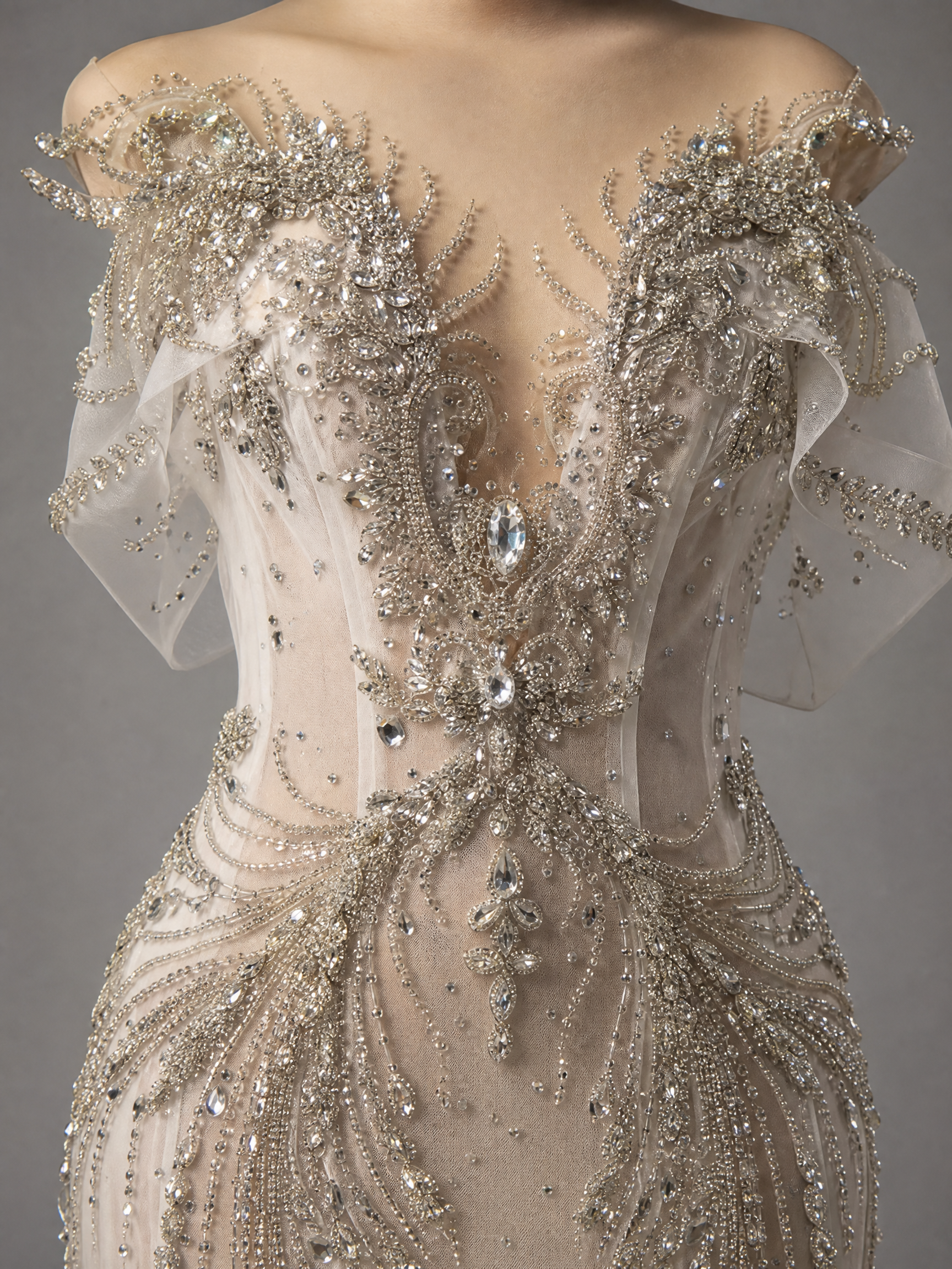 Signature Evening Gown — couture detail view (source SKU-118) — reviewed generated product image