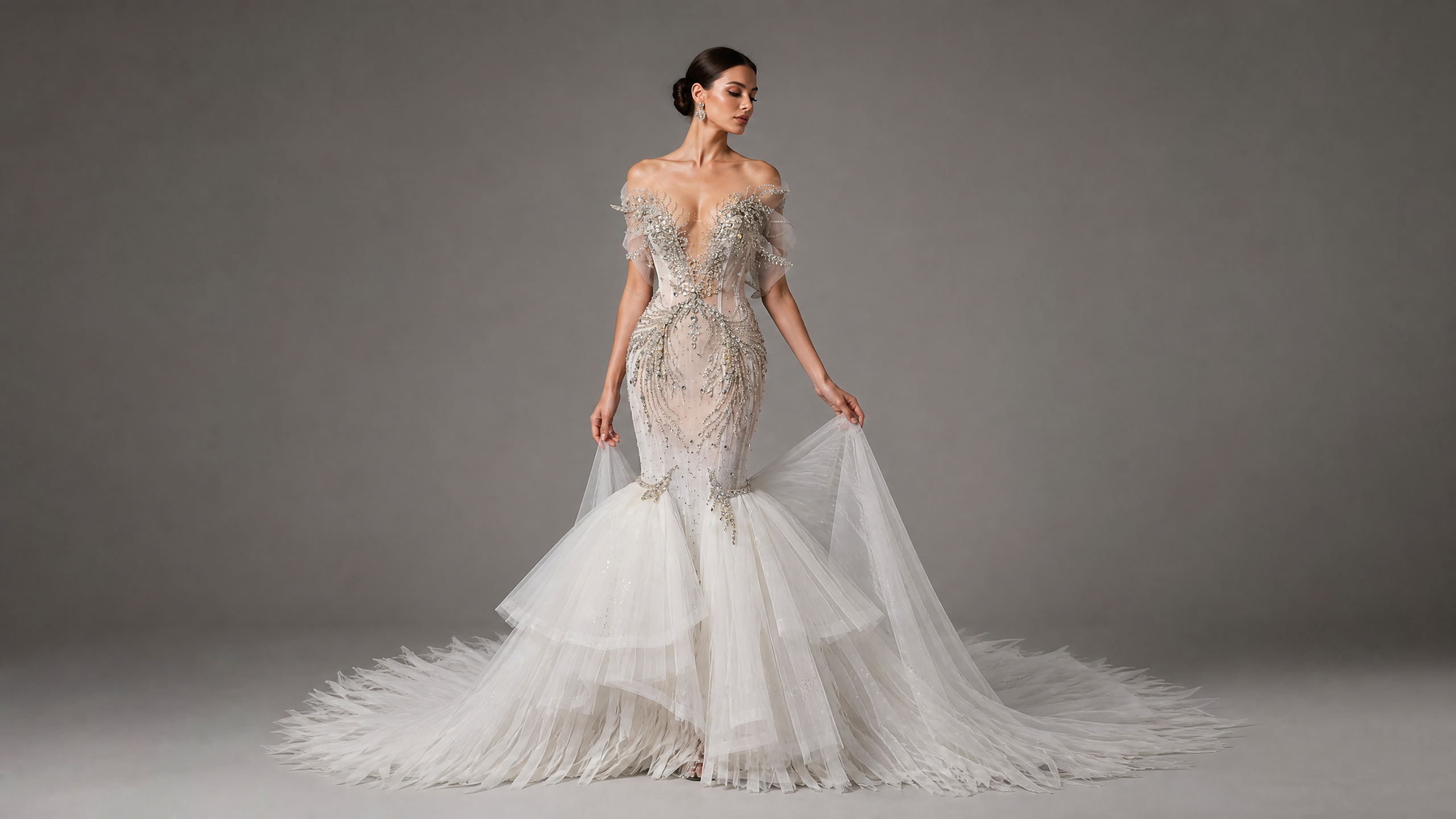 Signature Evening Gown — hem and train detail view (source SKU-118) — reviewed generated product image