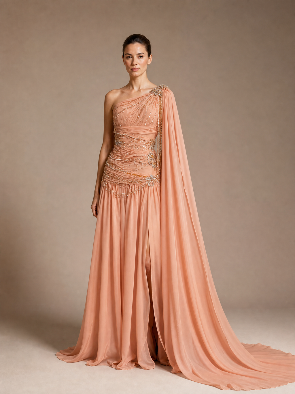 Signature Evening Gown — front full-length hero view (source SKU-119) — reviewed generated product image