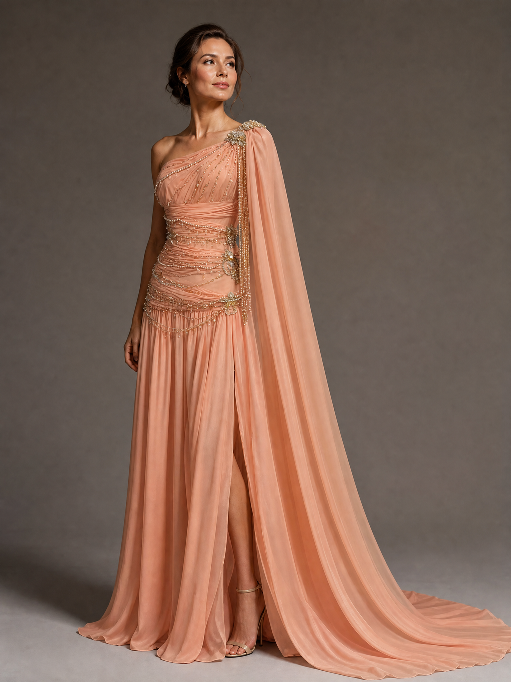 Signature Evening Gown — three-quarter view (source SKU-119) — reviewed generated product image