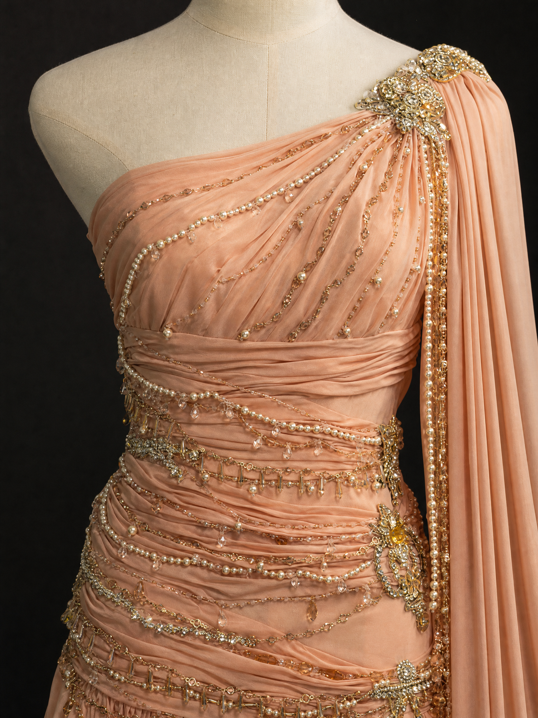 Signature Evening Gown — couture detail view (source SKU-119) — reviewed generated product image