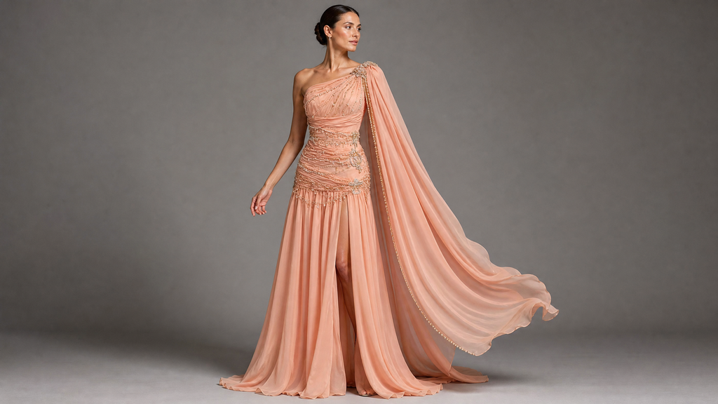 Signature Evening Gown — hem and train detail view (source SKU-119) — reviewed generated product image