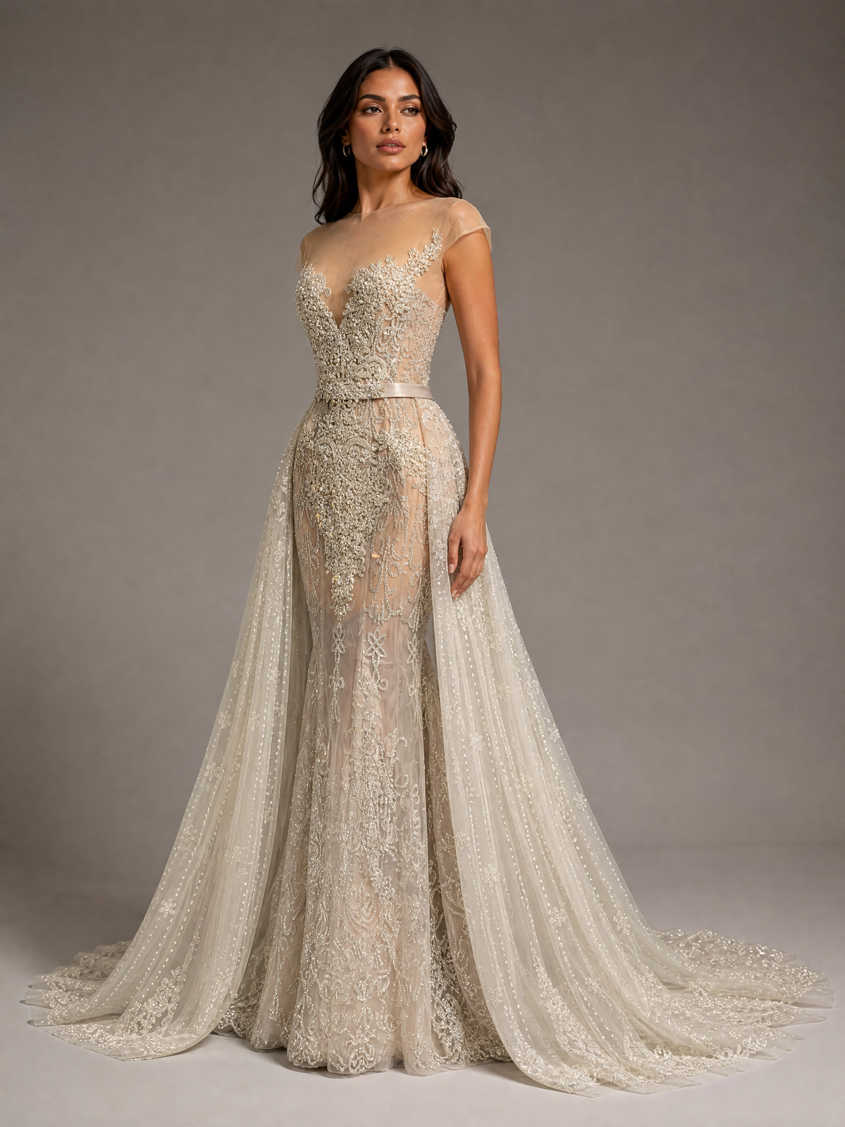 Signature Evening Gown — three-quarter view (source SKU-120) — reviewed generated product image