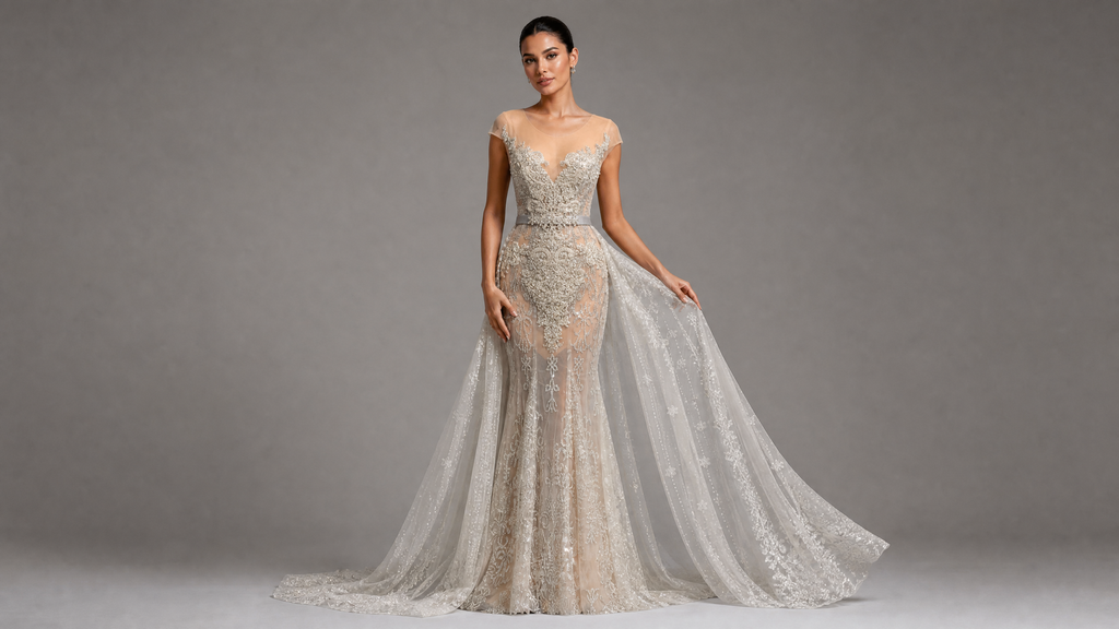 Signature Evening Gown — hem and train detail view (source SKU-120) — reviewed generated product image