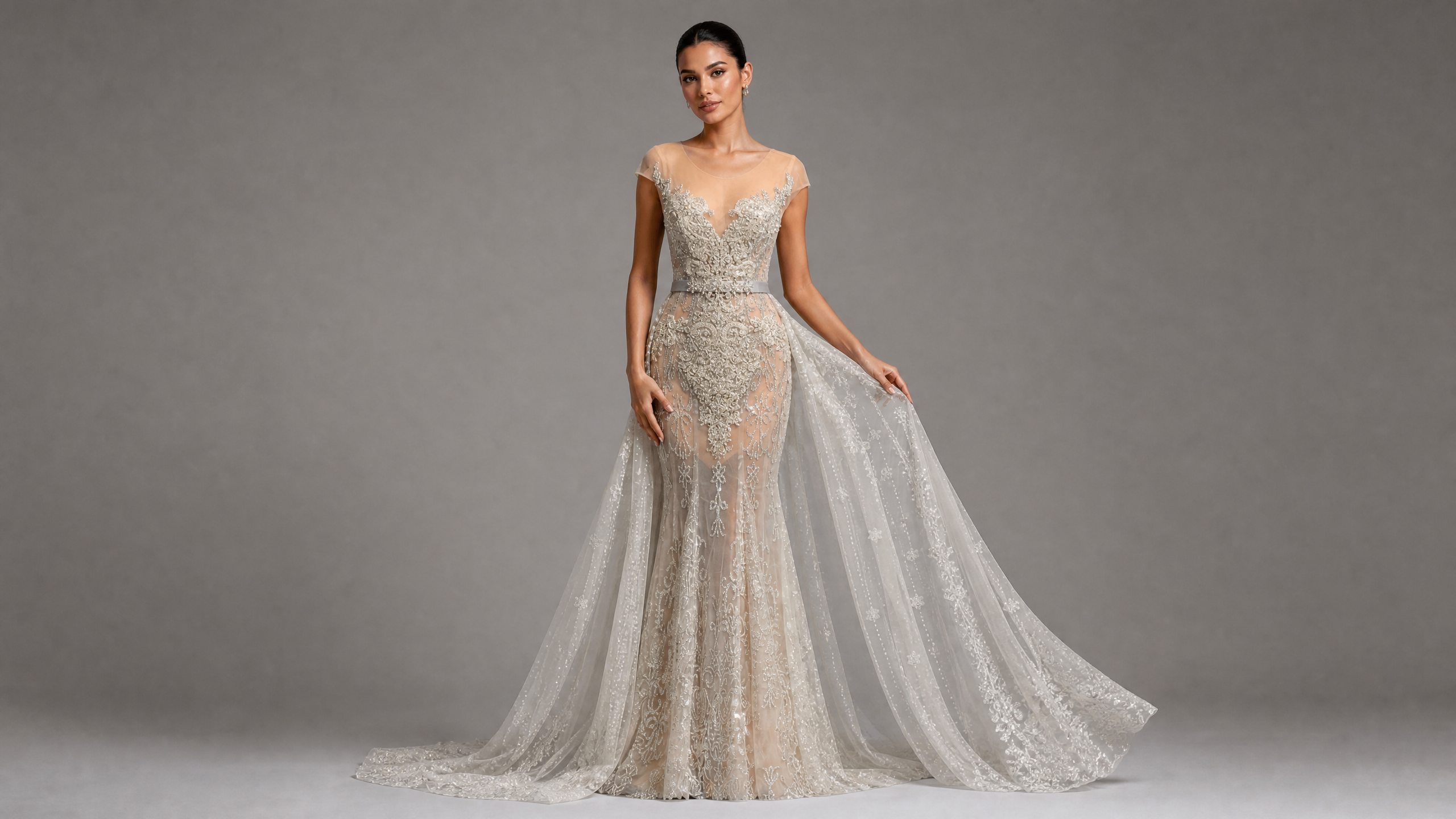 Signature Evening Gown — hem and train detail view (source SKU-120) — reviewed generated product image