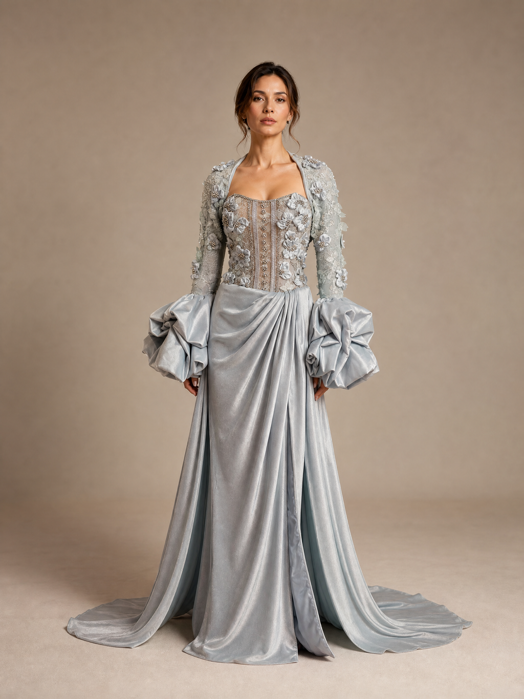 Silver Gray Floral Crystal Puff-Sleeve Evening Gown — front full-length view (SKU-029) — reviewed generated product image