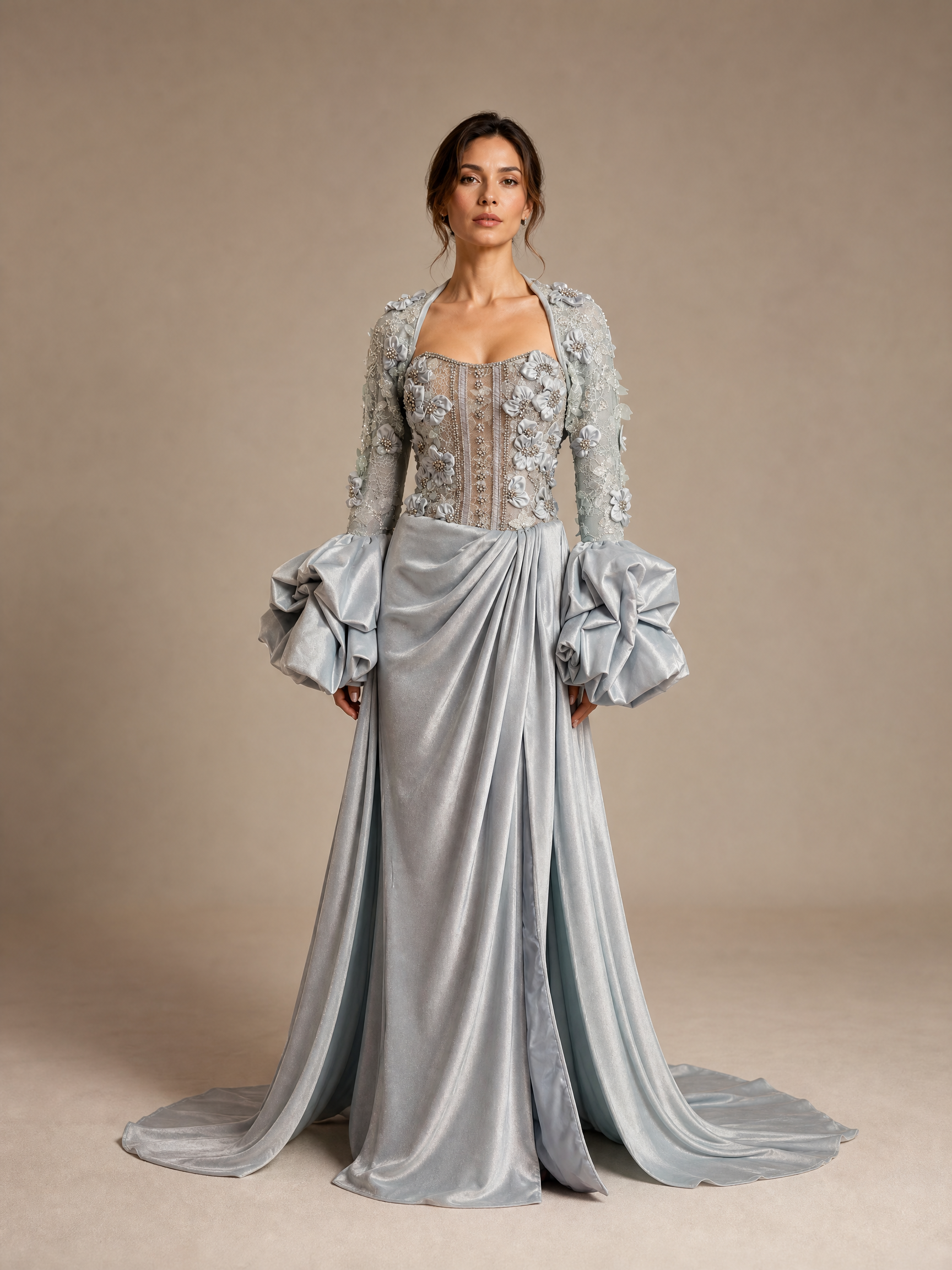 Silver Gray Floral Crystal Puff-Sleeve Evening Gown — front full-length view (SKU-029) — reviewed generated product image