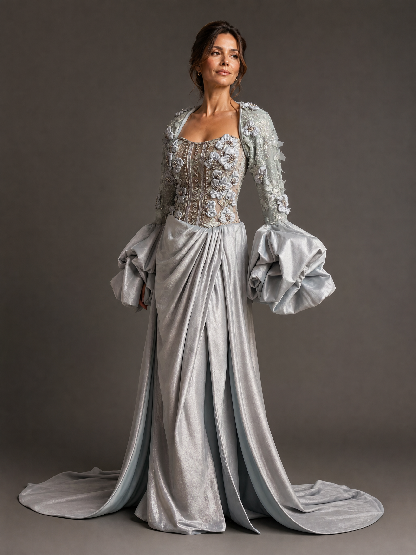 Silver Gray Floral Crystal Puff-Sleeve Evening Gown — three-quarter view (SKU-029) — reviewed generated product image