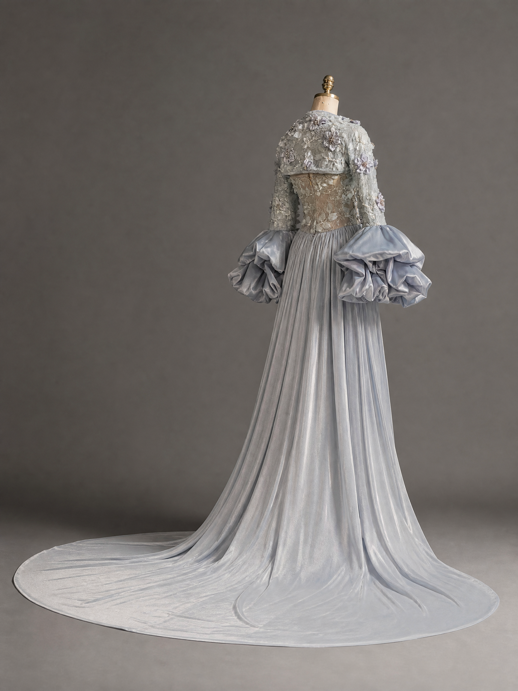 Silver Gray Floral Crystal Puff-Sleeve Evening Gown — couture detail view (SKU-029) — reviewed generated product image