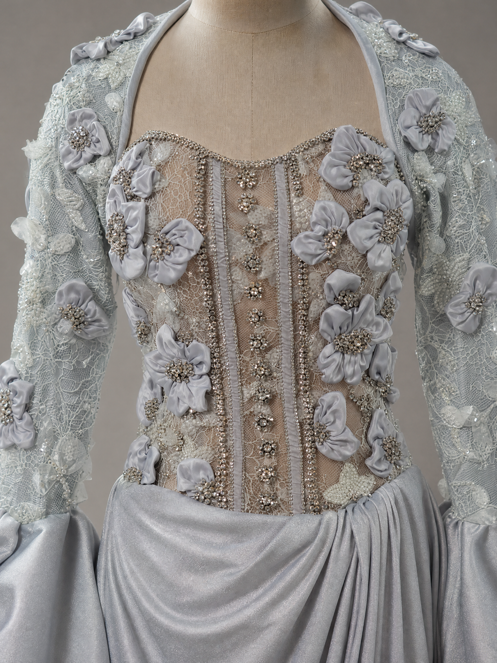 Silver Gray Floral Crystal Puff-Sleeve Evening Gown — hem and train detail view (SKU-029) — reviewed generated product image