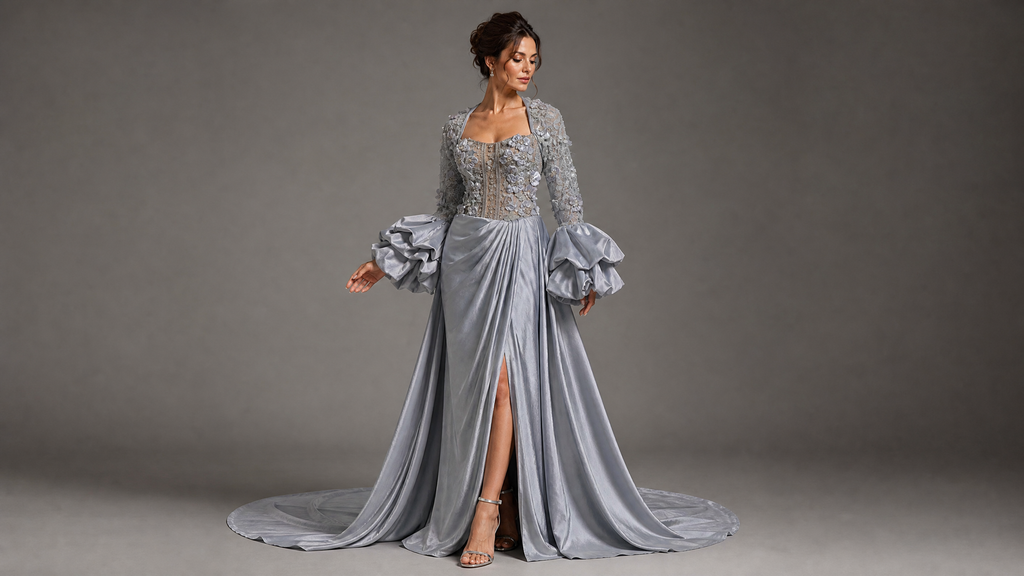 Silver Gray Floral Crystal Puff-Sleeve Evening Gown — additional couture view (SKU-029) — reviewed generated product image