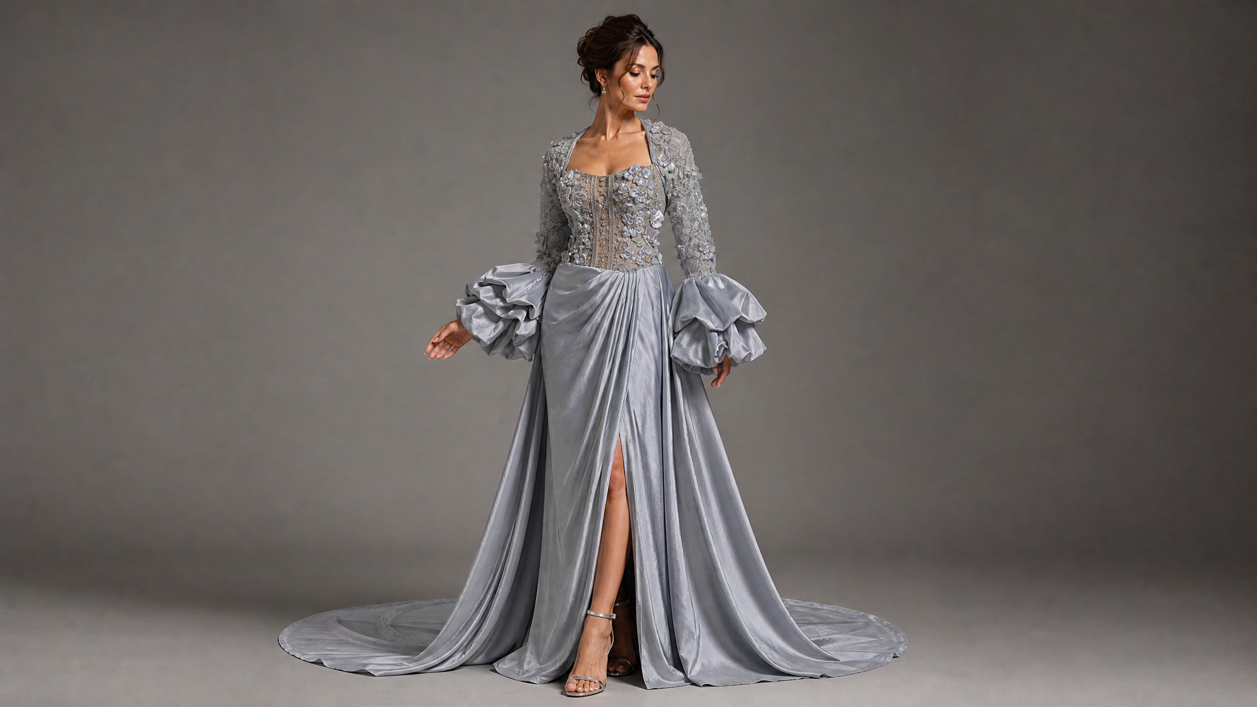 Silver Gray Floral Crystal Puff-Sleeve Evening Gown — additional couture view (SKU-029) — reviewed generated product image