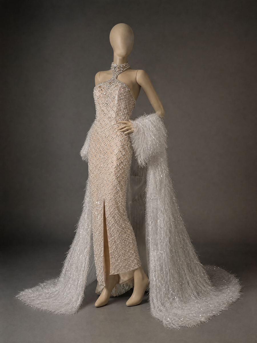 Silver White Feather Train Couture Evening Gown