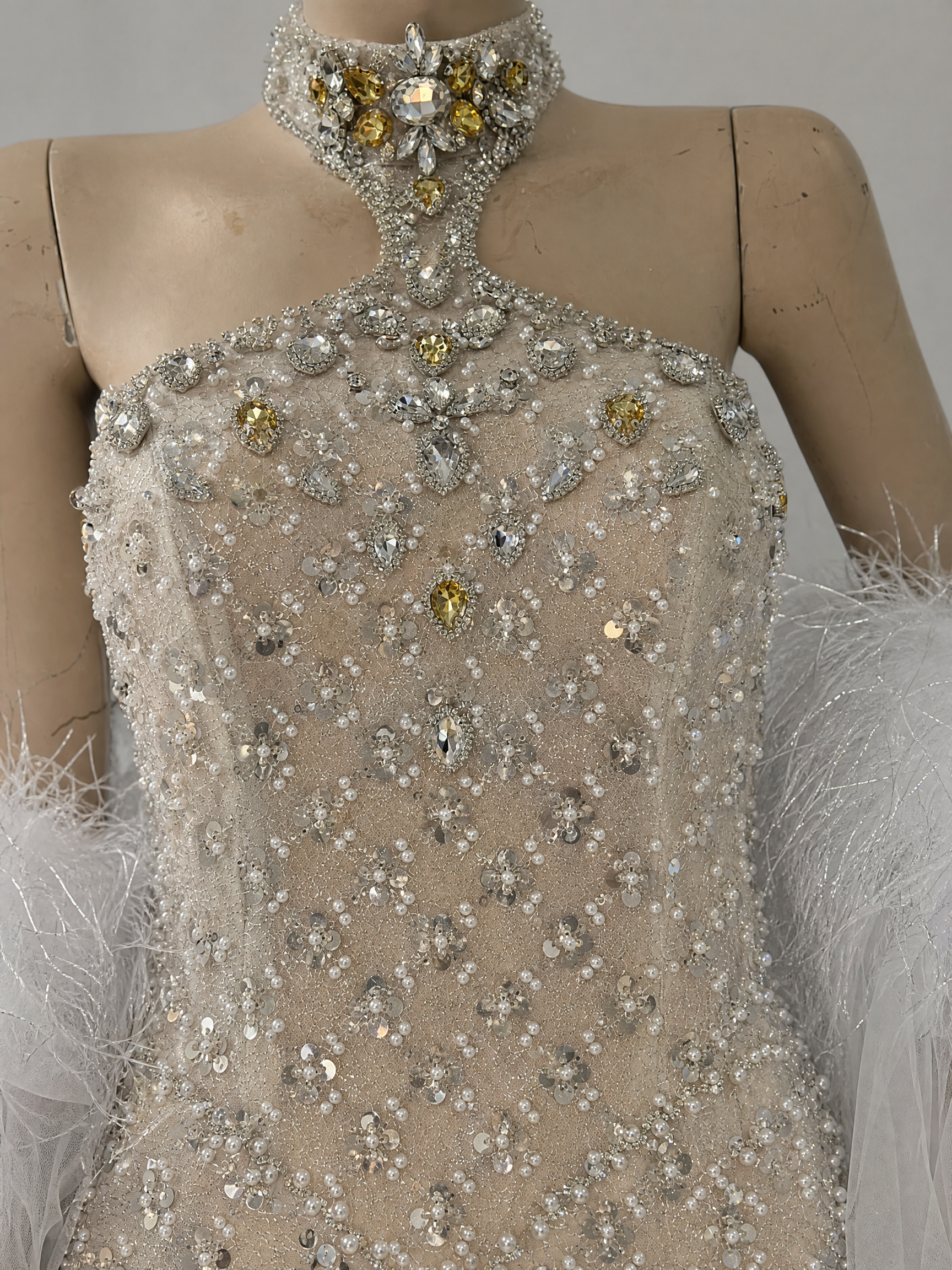 Silver White Feather Train Couture Evening Gown — side or back view (source SKU-055) — reviewed generated product image