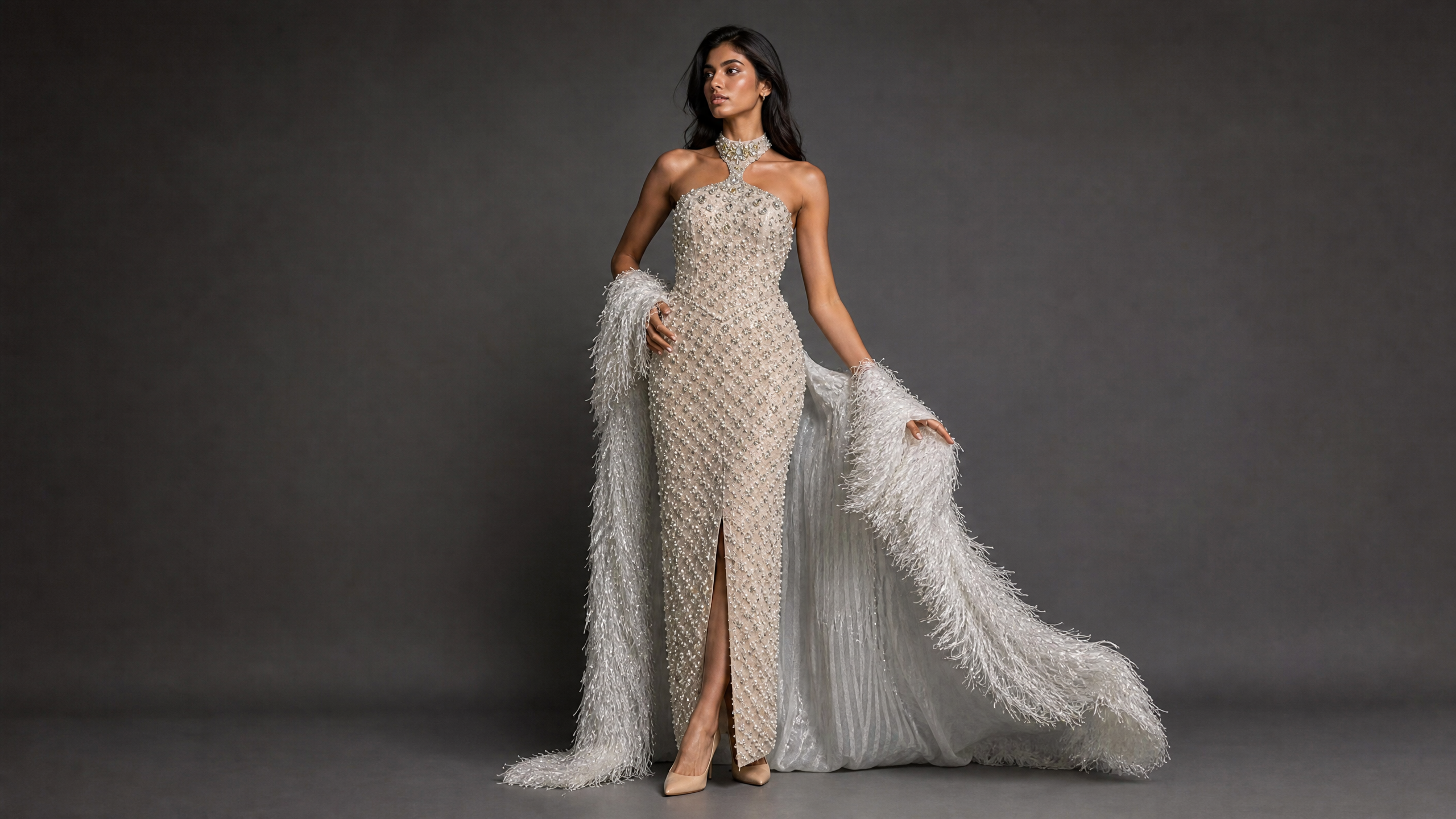 Silver White Feather Train Couture Evening Gown — couture detail view (source SKU-055) — reviewed generated product image