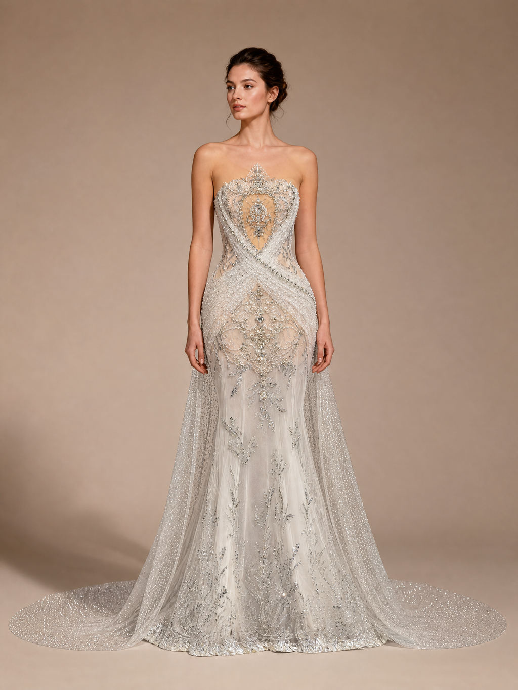 Silver White Mermaid Crystal Evening Gown — front full-length view (SKU-018) — reviewed generated product image