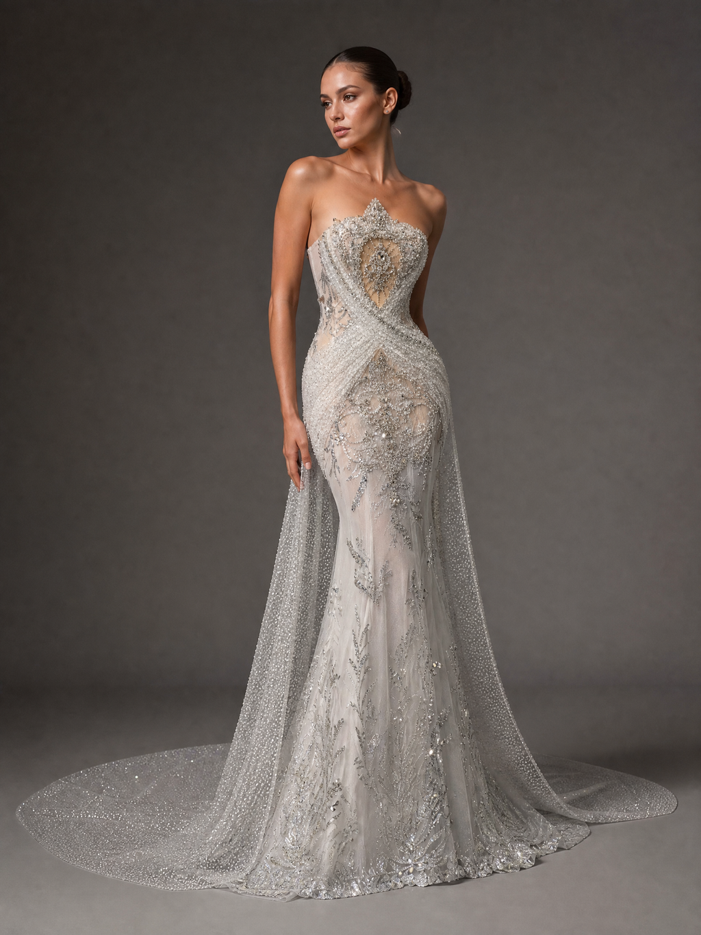 Silver White Mermaid Crystal Evening Gown — three-quarter view (SKU-018) — reviewed generated product image