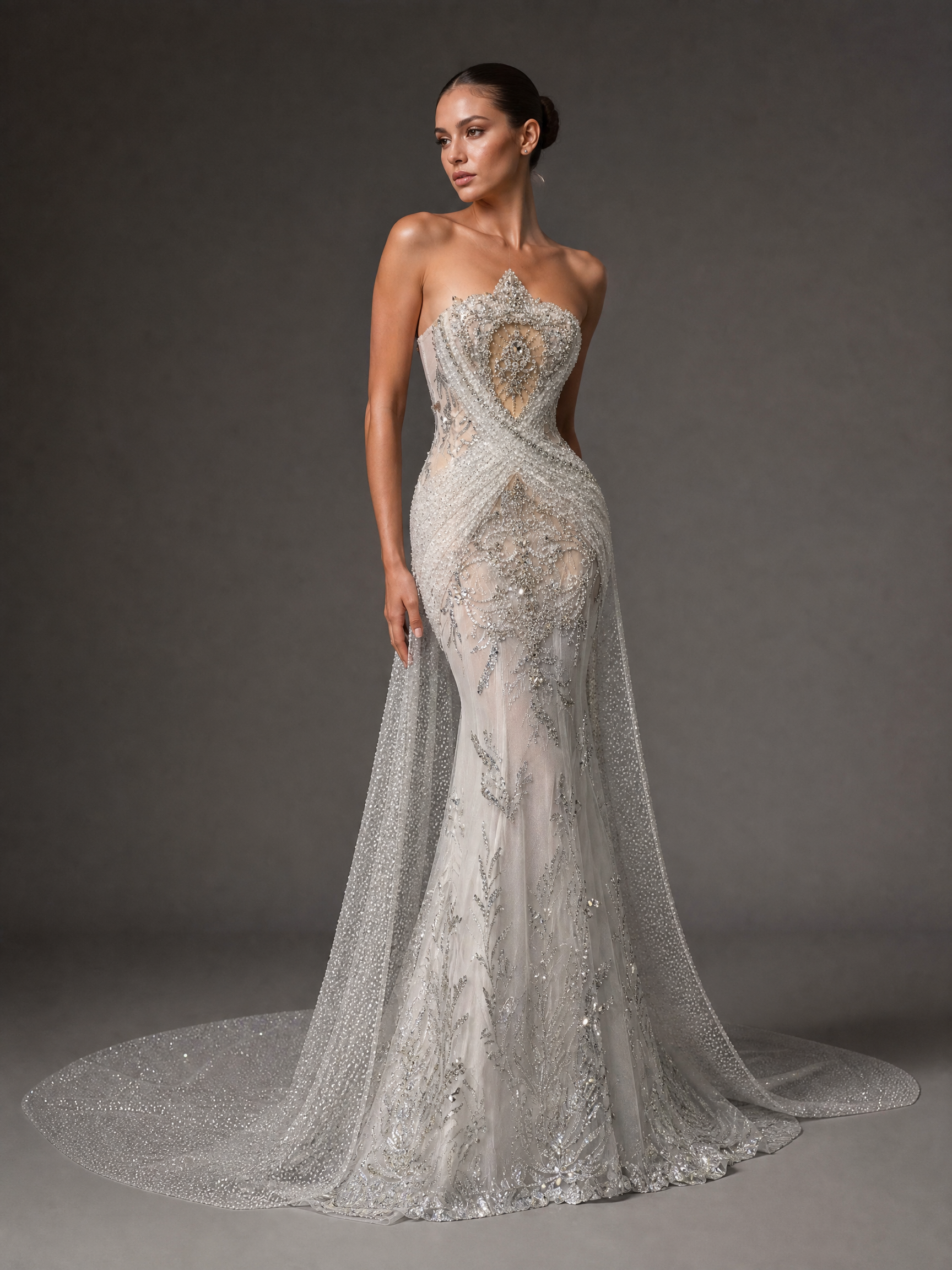 Silver White Mermaid Crystal Evening Gown — three-quarter view (SKU-018) — reviewed generated product image