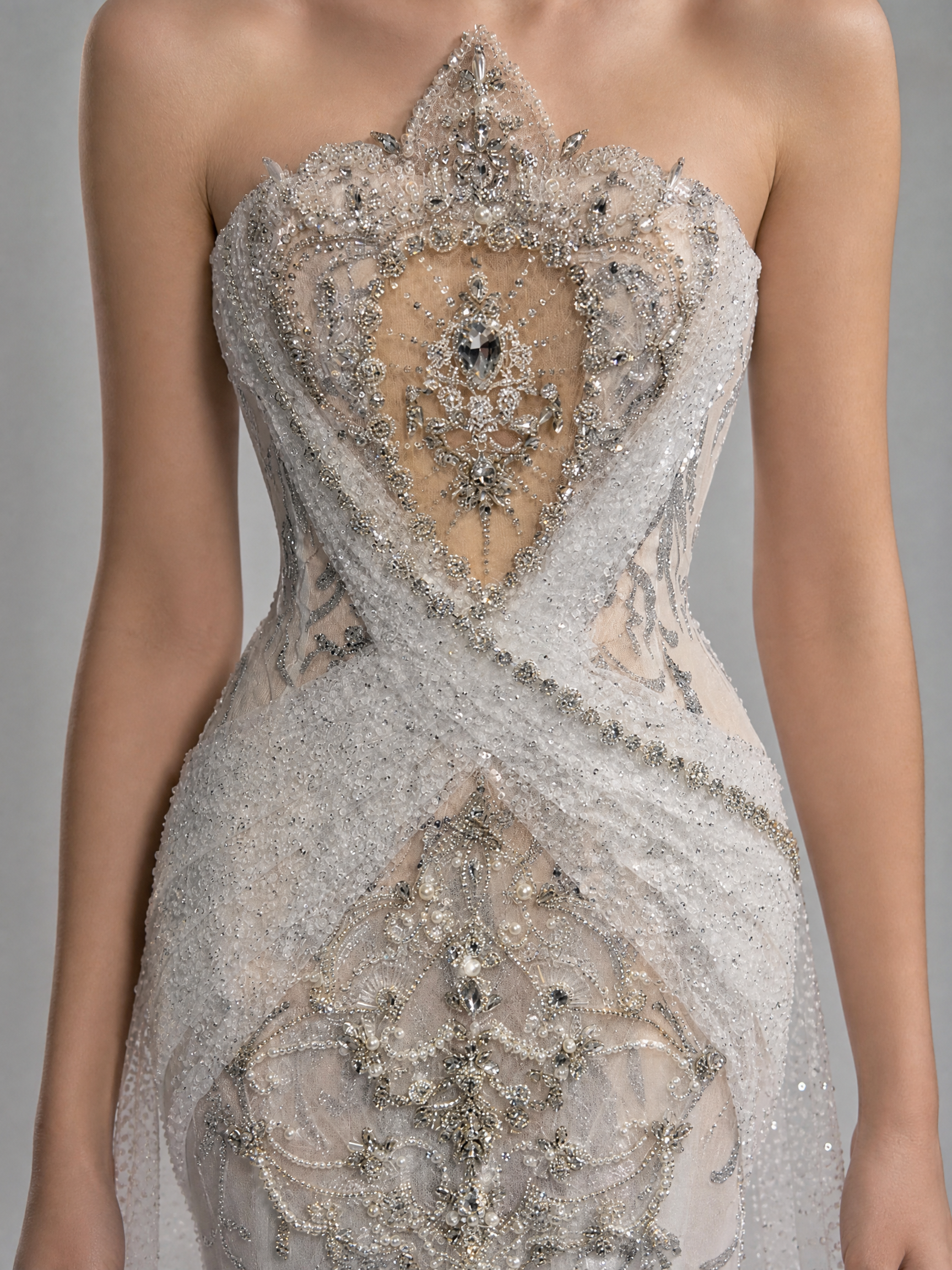 Silver White Mermaid Crystal Evening Gown — side or back view (SKU-018) — reviewed generated product image