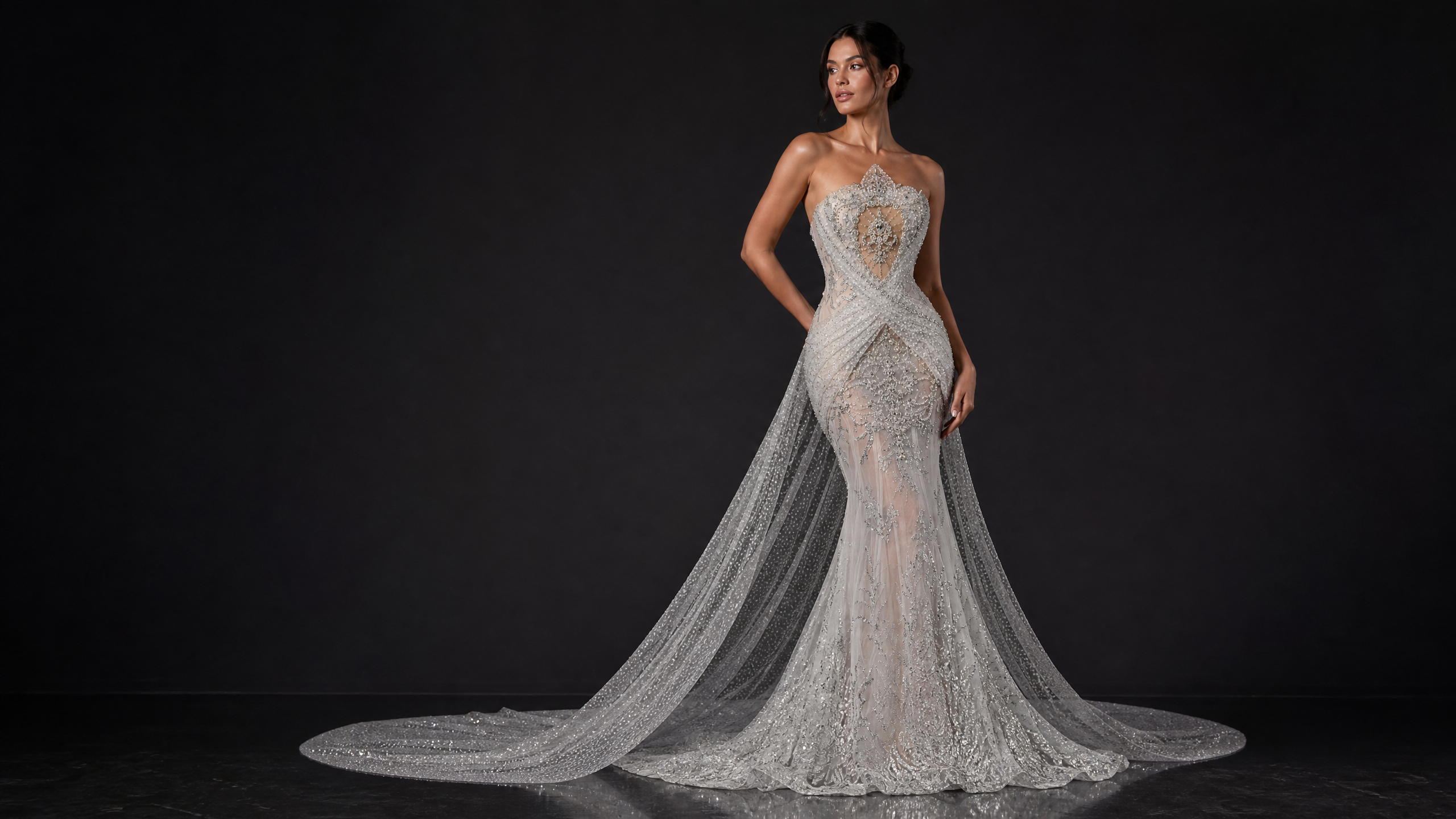 Silver White Mermaid Crystal Evening Gown — couture detail view (SKU-018) — reviewed generated product image