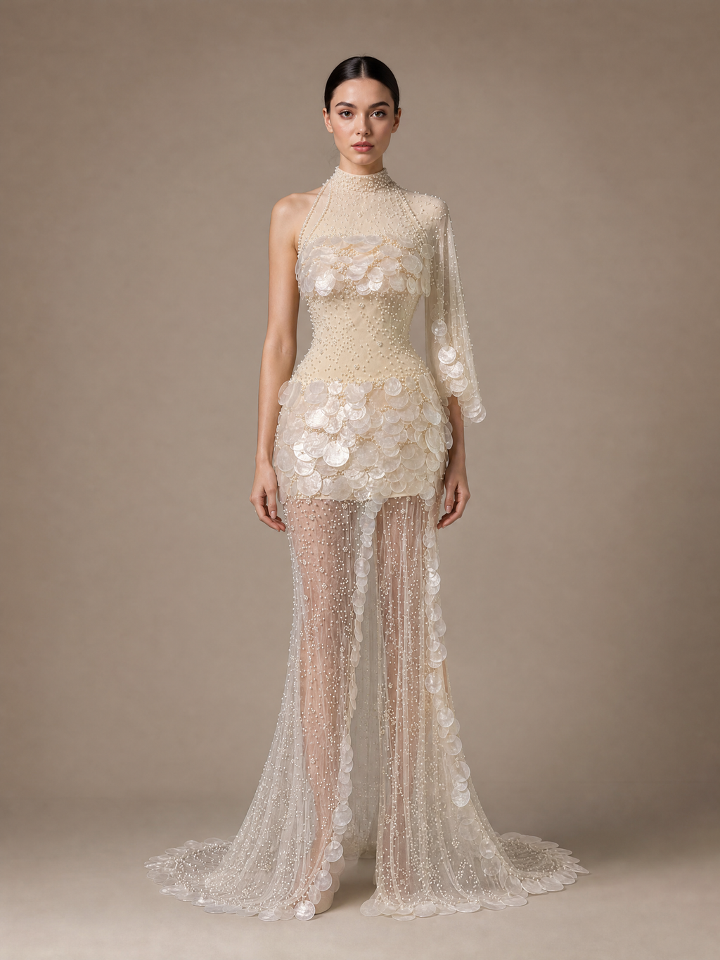 Silver White Floral Beaded High-Neck Evening Gown — front full-length view (SKU-031) — reviewed generated product image