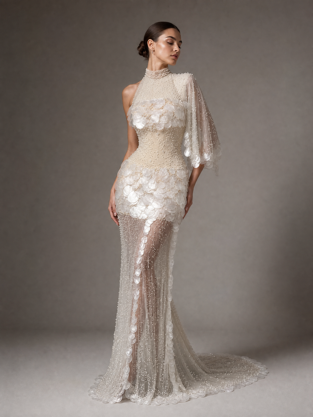 Silver White Floral Beaded High-Neck Evening Gown — three-quarter view (SKU-031) — reviewed generated product image