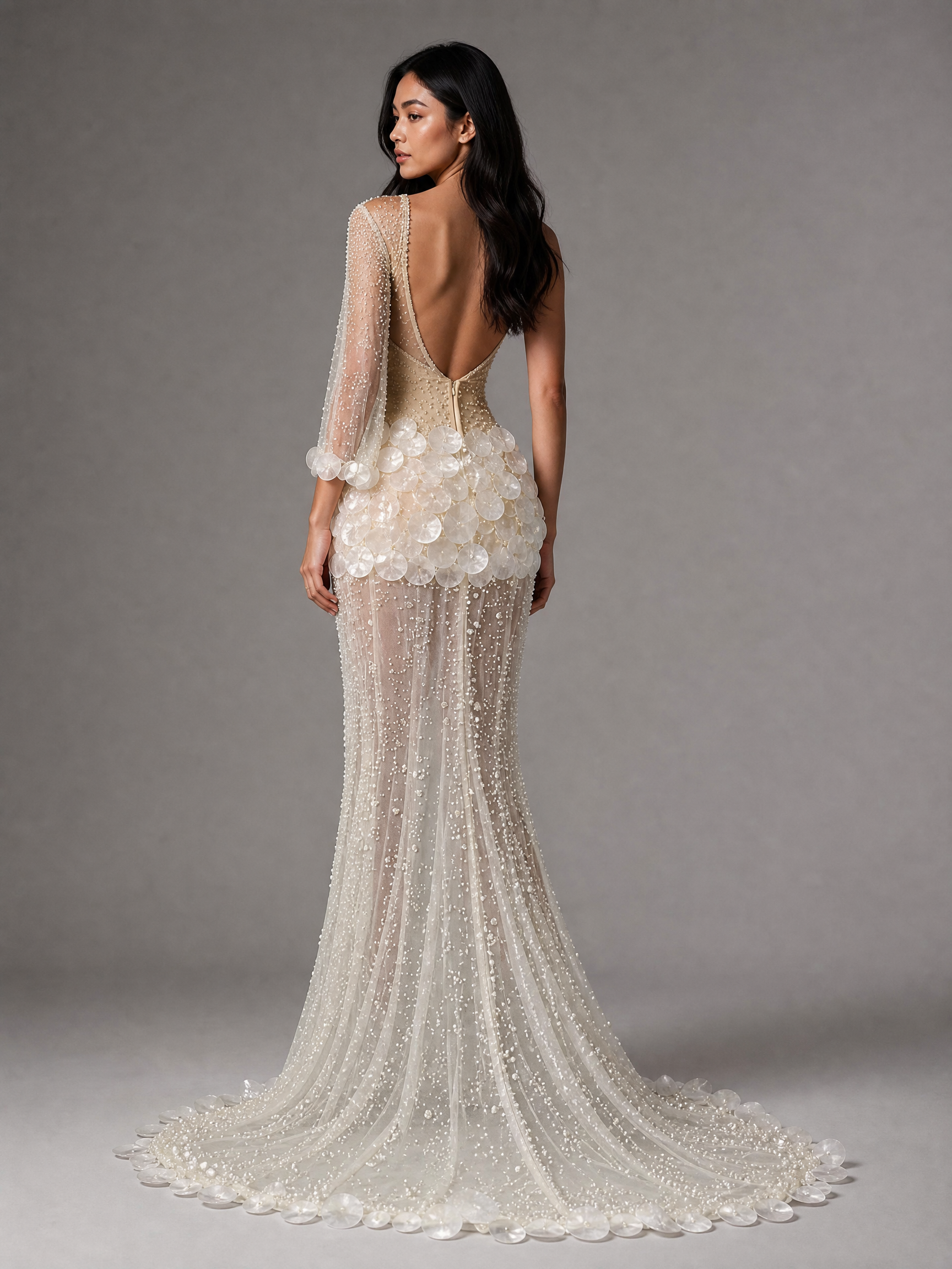 Silver White Floral Beaded High-Neck Evening Gown — side or back view (SKU-031) — reviewed generated product image