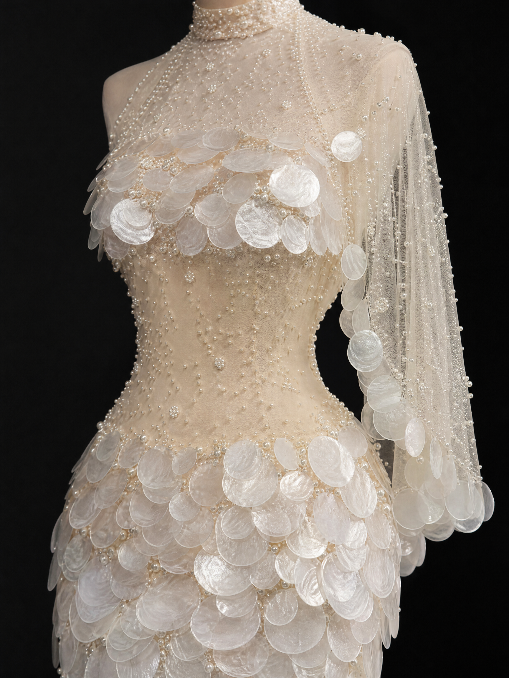 Silver White Floral Beaded High-Neck Evening Gown — couture detail view (SKU-031) — reviewed generated product image