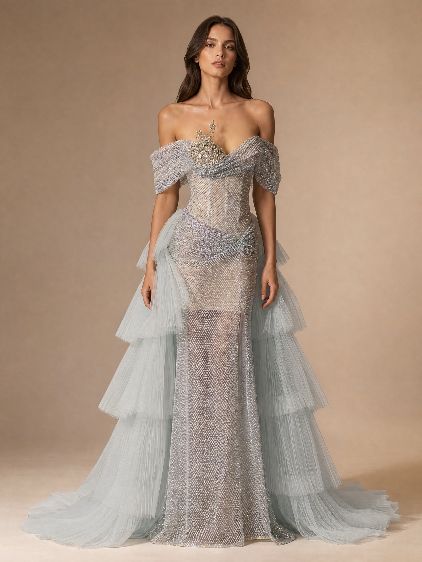 Silver White Ruffle Tiered Evening Gown — front full-length view (SKU-025) — reviewed generated product image