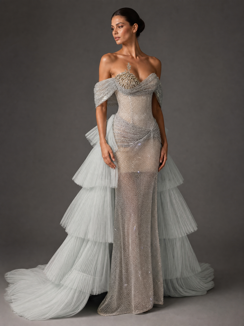 Silver White Ruffle Tiered Evening Gown — three-quarter view (SKU-025) — reviewed generated product image